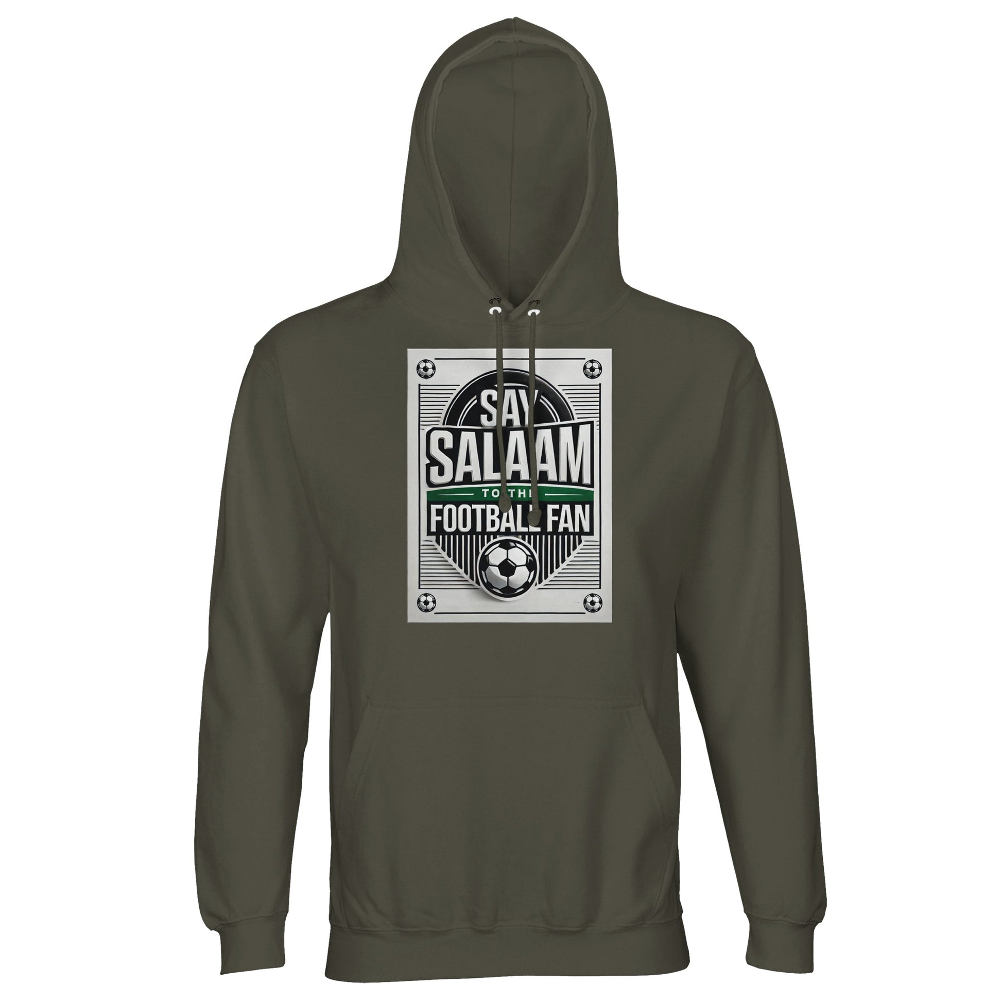 Army / Fuscous Grey Say Salaam to the Football Fan Design #3 unisex hoodie pairing a muted military-inspired shade with a strong football poster graphic and Salaam message. The earthy tone complements the monochrome print while remaining practical for daily wear. Constructed from a cotton and recycled polyester blend with brushed fleece interior, this hoodie offers solid warmth at a good price point. Designed for football supporters shaped by Muslim culture and Islamic identity.