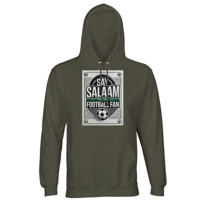 Army / Fuscous Grey Say Salaam to the Football Fan Design #3 unisex hoodie pairing a muted military-inspired shade with a strong football poster graphic and Salaam message. The earthy tone complements the monochrome print while remaining practical for daily wear. Constructed from a cotton and recycled polyester blend with brushed fleece interior, this hoodie offers solid warmth at a good price point. Designed for football supporters shaped by Muslim culture and Islamic identity.