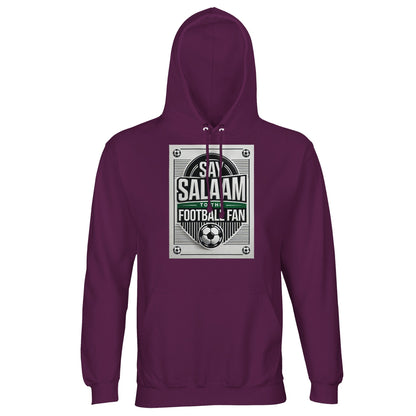 Astral Purple / Wine Berry / Reddish Magenta Say Salaam to the Football Fan Design #3 unisex hoodie combining a rich purple tone with a monochrome football print and bold Salaam typography. The colour adds depth and individuality without distracting from the design. Constructed from a cotton and recycled polyester blend with brushed fleece lining, this hoodie offers comfort and strong value. Designed for football supporters who appreciate distinctive colourways rooted in Muslim and Islamic culture.