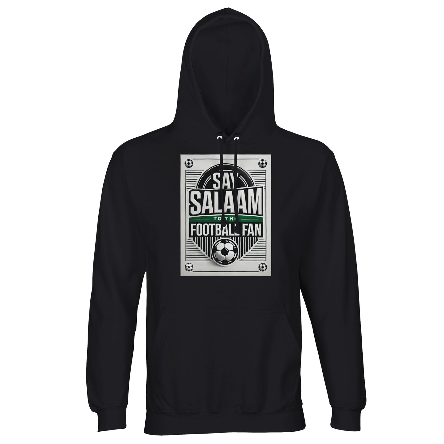Deep Black / Zeus Say Salaam to the Football Fan Design #3 unisex hoodie presenting a classic black base that allows the football design and Salaam text to stand out sharply. The clean contrast keeps the look bold and wearable. Made from an affordable cotton and recycled polyester blend with brushed fleece lining, this hoodie offers reliable warmth and long-term durability. A staple piece for football fans rooted in Muslim culture and Islamic expression.