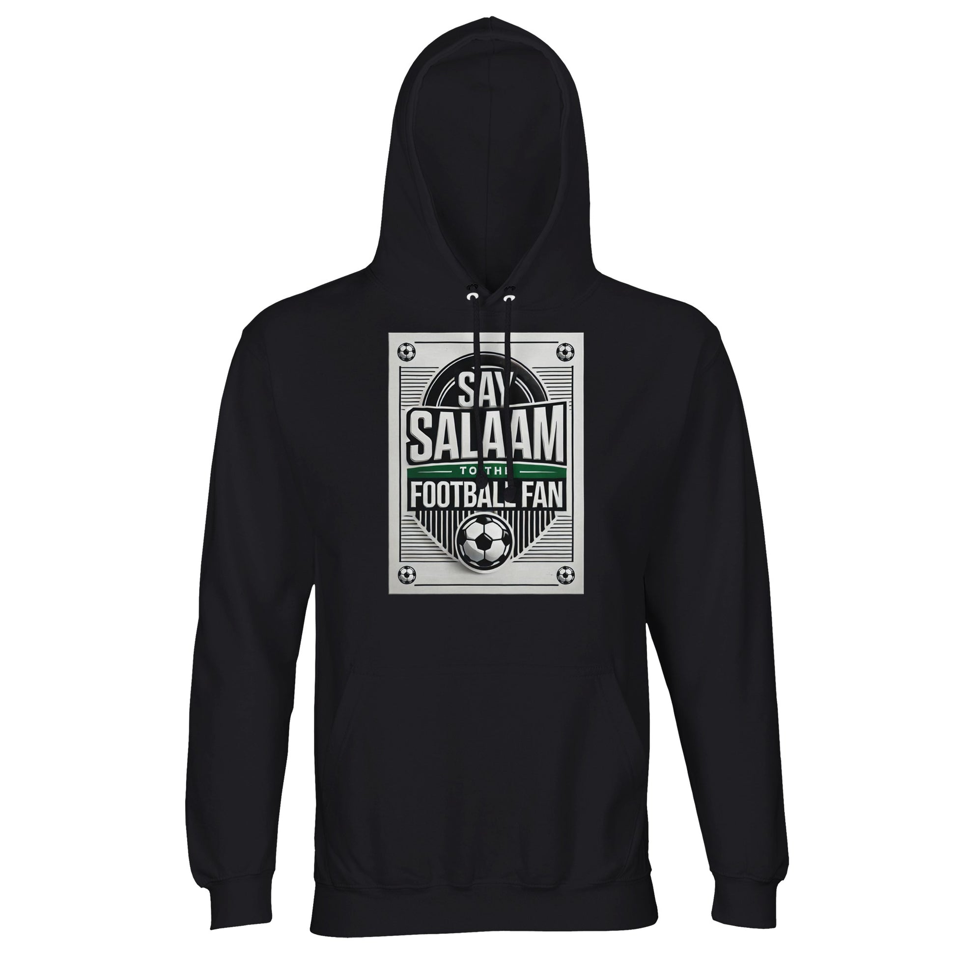 Deep Black / Zeus Say Salaam to the Football Fan Design #3 unisex hoodie presenting a classic black base that allows the football design and Salaam text to stand out sharply. The clean contrast keeps the look bold and wearable. Made from an affordable cotton and recycled polyester blend with brushed fleece lining, this hoodie offers reliable warmth and long-term durability. A staple piece for football fans rooted in Muslim culture and Islamic expression.