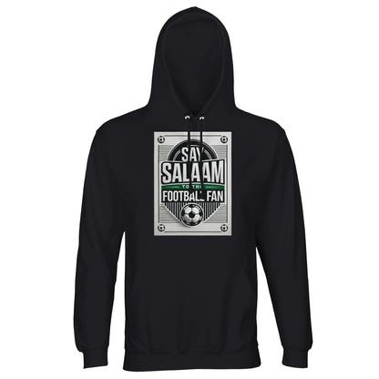 Deep Black / Zeus Say Salaam to the Football Fan Design #3 unisex hoodie presenting a classic black base that allows the football design and Salaam text to stand out sharply. The clean contrast keeps the look bold and wearable. Made from an affordable cotton and recycled polyester blend with brushed fleece lining, this hoodie offers reliable warmth and long-term durability. A staple piece for football fans rooted in Muslim culture and Islamic expression.