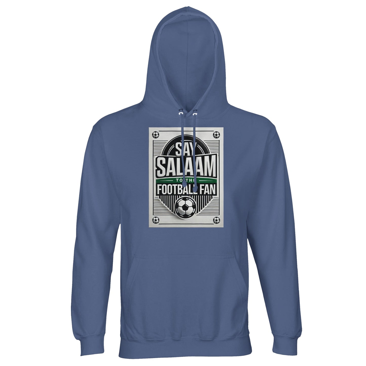 Blue / Marble Blue / Blue-Grey / Waikawa Grey Say Salaam to the Football Fan Design #3 unisex hoodie combining a calm blue tone with a retro football layout and bold Salaam typography. The colour variations give depth while keeping the print crisp and legible. Made from an affordable cotton-recycled polyester blend with brushed fleece lining, it provides reliable warmth and everyday comfort. Ideal for football fans influenced by Muslim and Islamic values who prefer cooler, classic colour palettes.