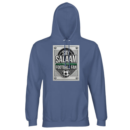 Blue / Marble Blue / Blue-Grey / Waikawa Grey Say Salaam to the Football Fan Design #3 unisex hoodie combining a calm blue tone with a retro football layout and bold Salaam typography. The colour variations give depth while keeping the print crisp and legible. Made from an affordable cotton-recycled polyester blend with brushed fleece lining, it provides reliable warmth and everyday comfort. Ideal for football fans influenced by Muslim and Islamic values who prefer cooler, classic colour palettes.