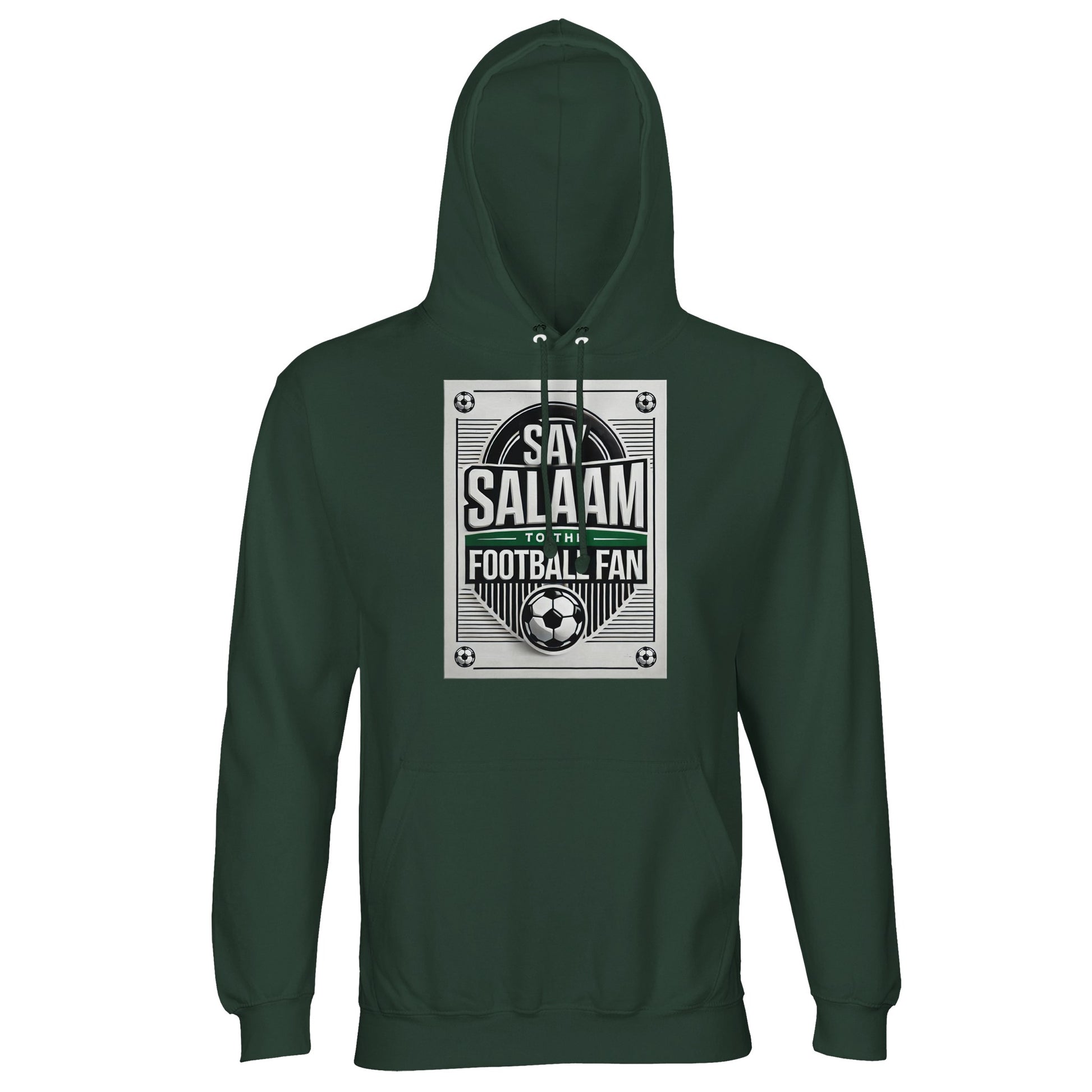 Bottle Green / Outer Space Say Salaam to the Football Fan Design #3 unisex hoodie featuring a deep green shade that reinforces the vintage football aesthetic of the printed design. The darker tone frames the Salaam text and football symbols clearly. Crafted from a cotton and recycled polyester blend with brushed fleece lining, this adult sweatshirt with a hood offers dependable warmth at a wallet-friendly price. Ideal for football supporters grounded in Muslim culture and Islamic values.