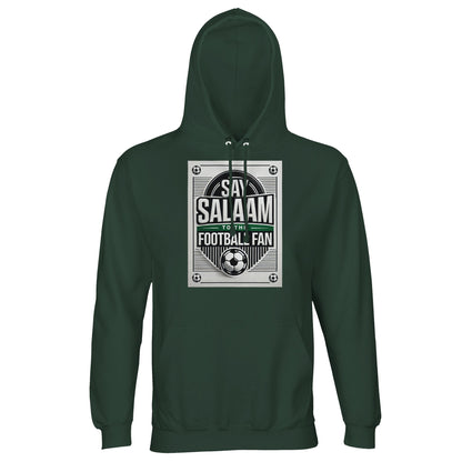 Bottle Green / Outer Space Say Salaam to the Football Fan Design #3 unisex hoodie featuring a deep green shade that reinforces the vintage football aesthetic of the printed design. The darker tone frames the Salaam text and football symbols clearly. Crafted from a cotton and recycled polyester blend with brushed fleece lining, this adult sweatshirt with a hood offers dependable warmth at a wallet-friendly price. Ideal for football supporters grounded in Muslim culture and Islamic values.