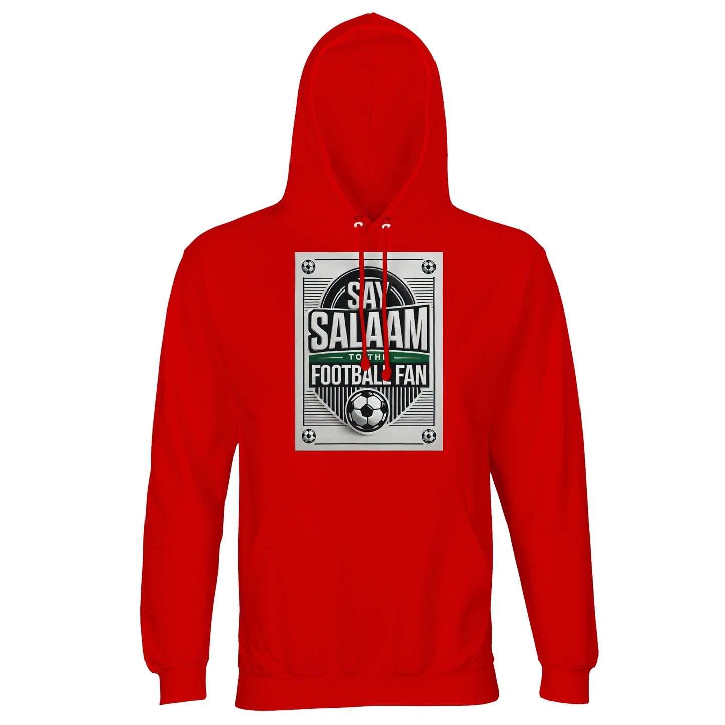 Bright Red / Rosso Corsa Say Salaam to the Football Fan Design #3 unisex hoodie using a bold red base to amplify the energy of the football poster graphic and Salaam message. The colour brings strong presence while keeping the design readable and balanced. Made from an affordable cotton and recycled polyester blend with brushed fleece interior, it provides warmth, comfort, and everyday durability. A confident choice for adult football fanatics expressing Muslim and Islamic identity through sport.