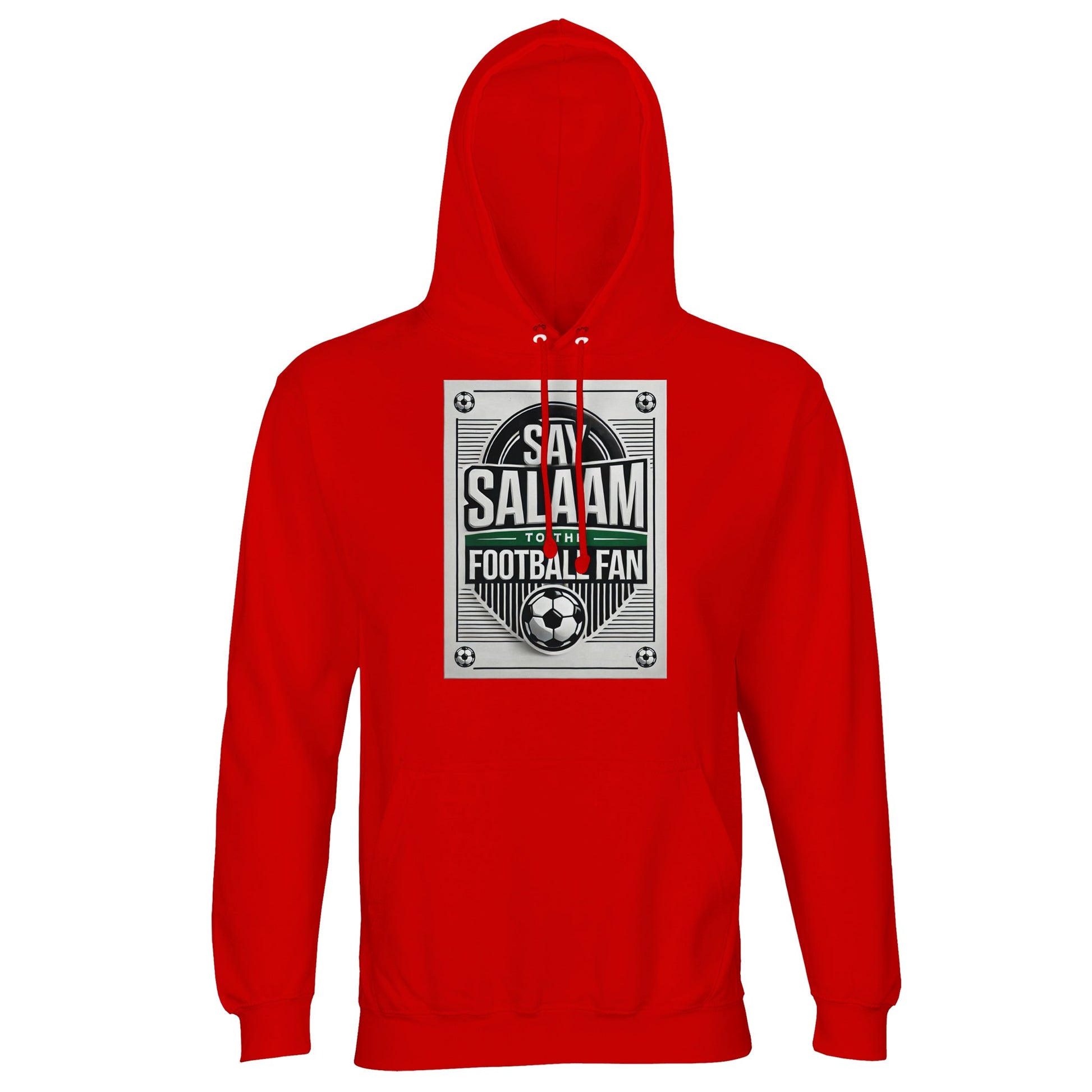 Bright Red / Rosso Corsa Say Salaam to the Football Fan Design #3 unisex hoodie using a bold red base to amplify the energy of the football poster graphic and Salaam message. The colour brings strong presence while keeping the design readable and balanced. Made from an affordable cotton and recycled polyester blend with brushed fleece interior, it provides warmth, comfort, and everyday durability. A confident choice for adult football fanatics expressing Muslim and Islamic identity through sport.