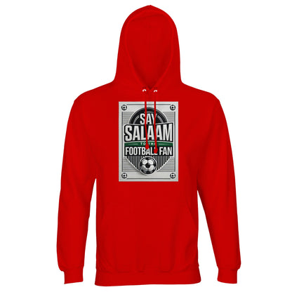 Bright Red / Rosso Corsa Say Salaam to the Football Fan Design #3 unisex hoodie using a bold red base to amplify the energy of the football poster graphic and Salaam message. The colour brings strong presence while keeping the design readable and balanced. Made from an affordable cotton and recycled polyester blend with brushed fleece interior, it provides warmth, comfort, and everyday durability. A confident choice for adult football fanatics expressing Muslim and Islamic identity through sport.