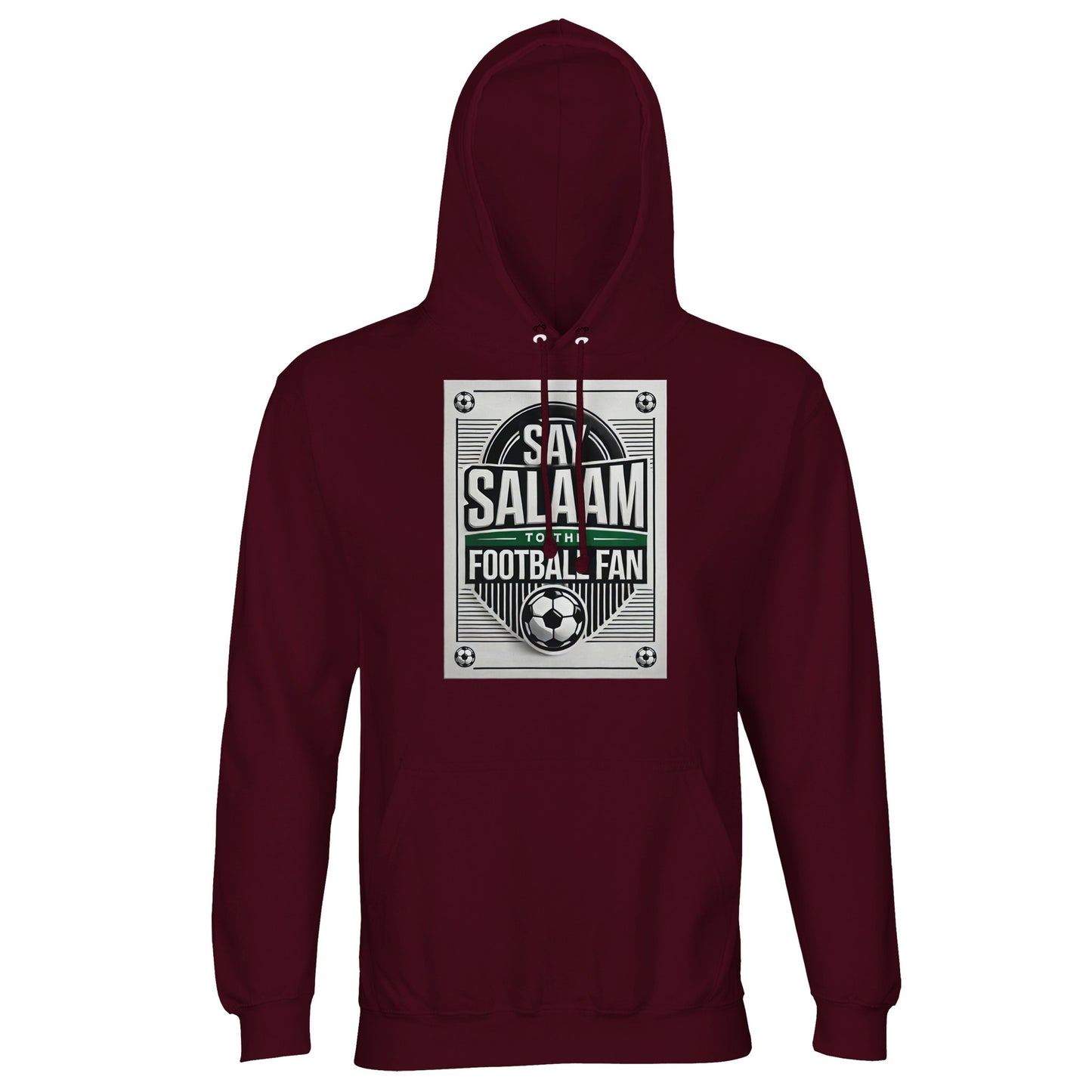 Burgundy / Dark Sienna Say Salaam to the Football Fan Design #3 unisex hoodie combining a deep red-brown tone with a vintage football poster design and Salaam lettering. The colour adds warmth and richness while keeping the print prominent. Constructed from a cotton and recycled polyester blend with brushed fleece lining, this cheap jumper with a hood delivers comfort and strong affordability. Designed for adult football supporters expressing Muslim and Islamic identity through everyday sportswear.