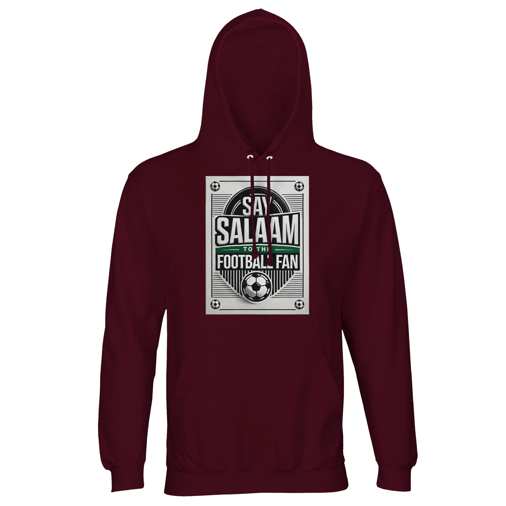 Burgundy / Dark Sienna Say Salaam to the Football Fan Design #3 unisex hoodie combining a deep red-brown tone with a vintage football poster design and Salaam lettering. The colour adds warmth and richness while keeping the print prominent. Constructed from a cotton and recycled polyester blend with brushed fleece lining, this cheap jumper with a hood delivers comfort and strong affordability. Designed for adult football supporters expressing Muslim and Islamic identity through everyday sportswear.