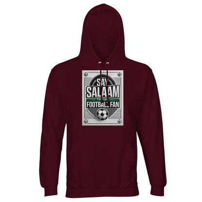 Burgundy / Dark Sienna Say Salaam to the Football Fan Design #3 unisex hoodie combining a deep red-brown tone with a vintage football poster design and Salaam lettering. The colour adds warmth and richness while keeping the print prominent. Constructed from a cotton and recycled polyester blend with brushed fleece lining, this cheap jumper with a hood delivers comfort and strong affordability. Designed for adult football supporters expressing Muslim and Islamic identity through everyday sportswear.