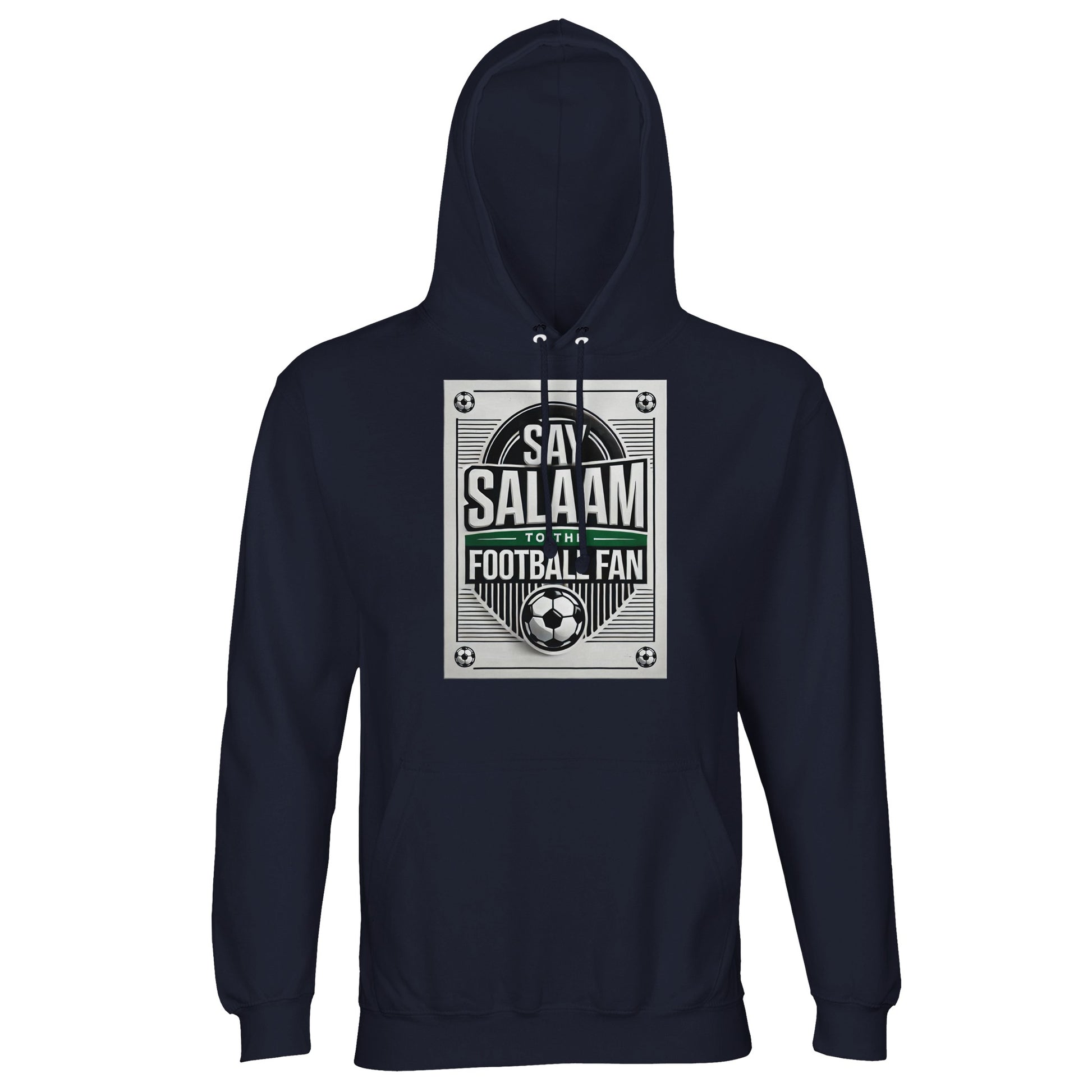 French Navy / Ebony Clay Say Salaam to the Football Fan Design #3 unisex hoodie showcasing a deep navy base that highlights the football graphic and Salaam lettering with clarity. The dark tone keeps the look timeless and easy to style. Made from an affordable cotton and recycled polyester blend with brushed fleece lining, it delivers warmth and durability. Suitable for football fans influenced by Islamic identity and everyday Muslim wear.