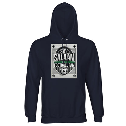 French Navy / Ebony Clay Say Salaam to the Football Fan Design #3 unisex hoodie showcasing a deep navy base that highlights the football graphic and Salaam lettering with clarity. The dark tone keeps the look timeless and easy to style. Made from an affordable cotton and recycled polyester blend with brushed fleece lining, it delivers warmth and durability. Suitable for football fans influenced by Islamic identity and everyday Muslim wear.