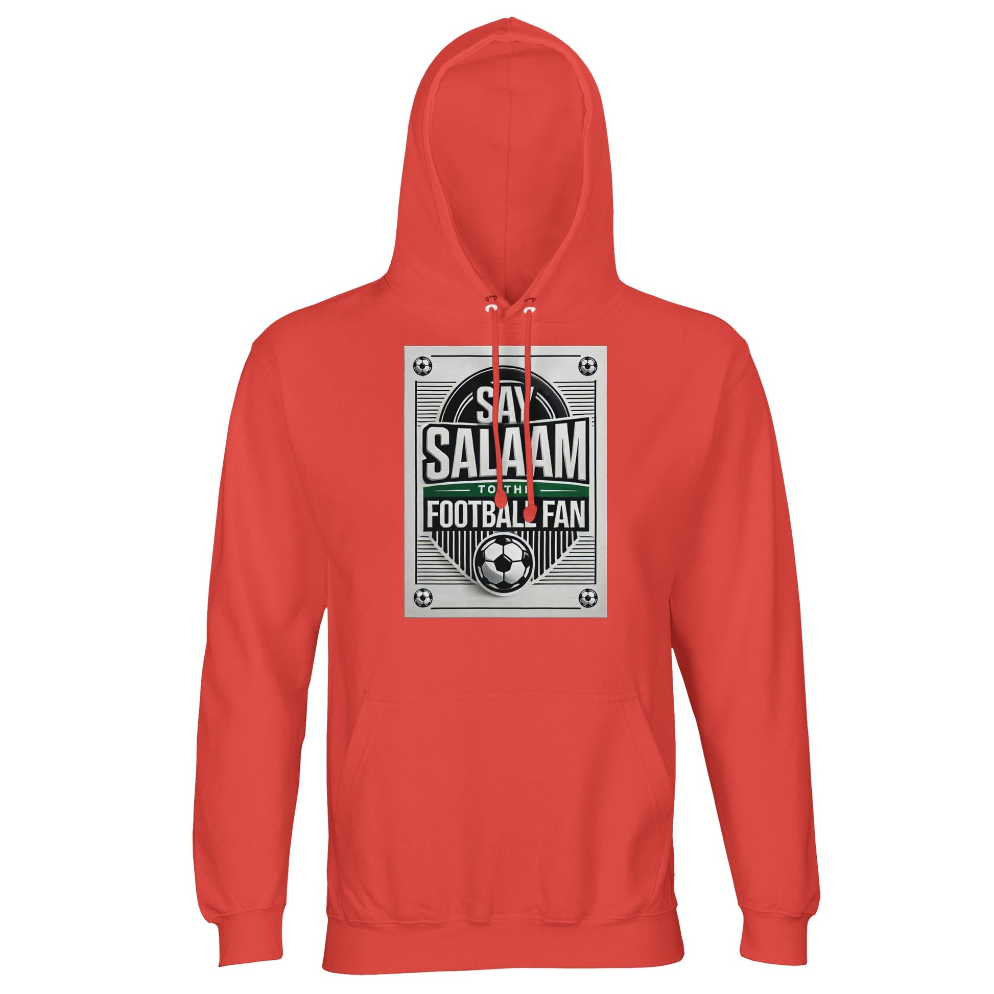 Pop Orange / Jasper / Faded Red Say Salaam to the Football Fan Design #3 unisex hoodie delivering a vibrant base that makes the vintage football graphic and Salaam message stand out clearly. The warm shade adds personality without overpowering the printed design. Crafted from a cotton and recycled polyester blend with brushed fleece interior, this budget hoodie balances comfort, warmth, and durability. For sports fans who enjoy expressive colour while reflecting Islamic culture and Muslim community spirit.