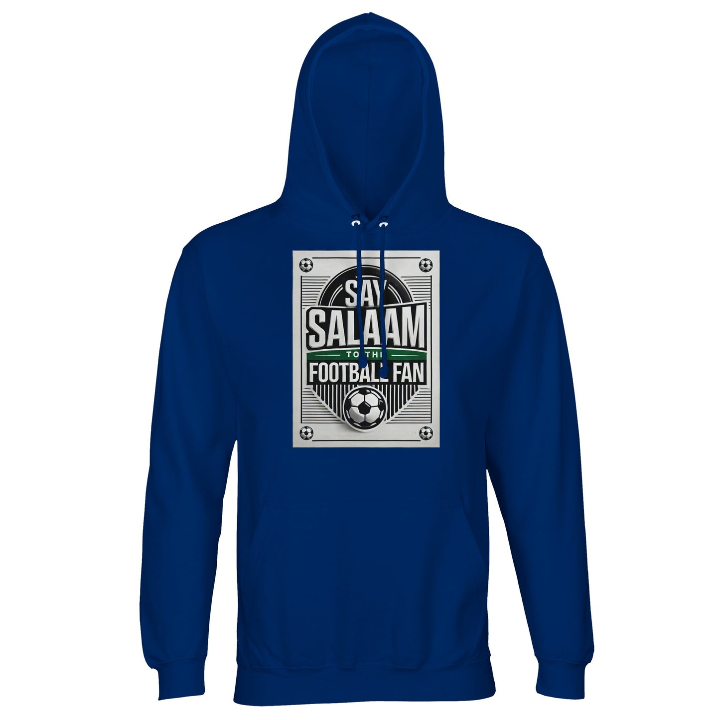 Royal Blue / Dark Midnight Blue Say Salaam to the Football Fan Design #3 unisex hoodie featuring a bold blue shade that enhances the contrast of the football poster artwork and Salaam message. The colour gives the hoodie a strong sporting feel while remaining versatile. Crafted from a cotton and recycled polyester blend with brushed fleece interior, it provides comfort and excellent value for money. Ideal for football supporters connecting sport with Muslim and Islamic values.