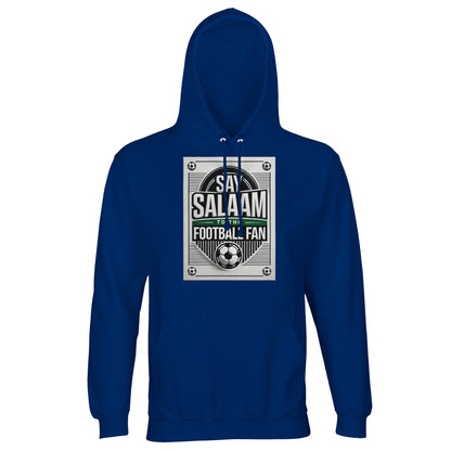 Royal Blue / Dark Midnight Blue Say Salaam to the Football Fan Design #3 unisex hoodie featuring a bold blue shade that enhances the contrast of the football poster artwork and Salaam message. The colour gives the hoodie a strong sporting feel while remaining versatile. Crafted from a cotton and recycled polyester blend with brushed fleece interior, it provides comfort and excellent value for money. Ideal for football supporters connecting sport with Muslim and Islamic values.