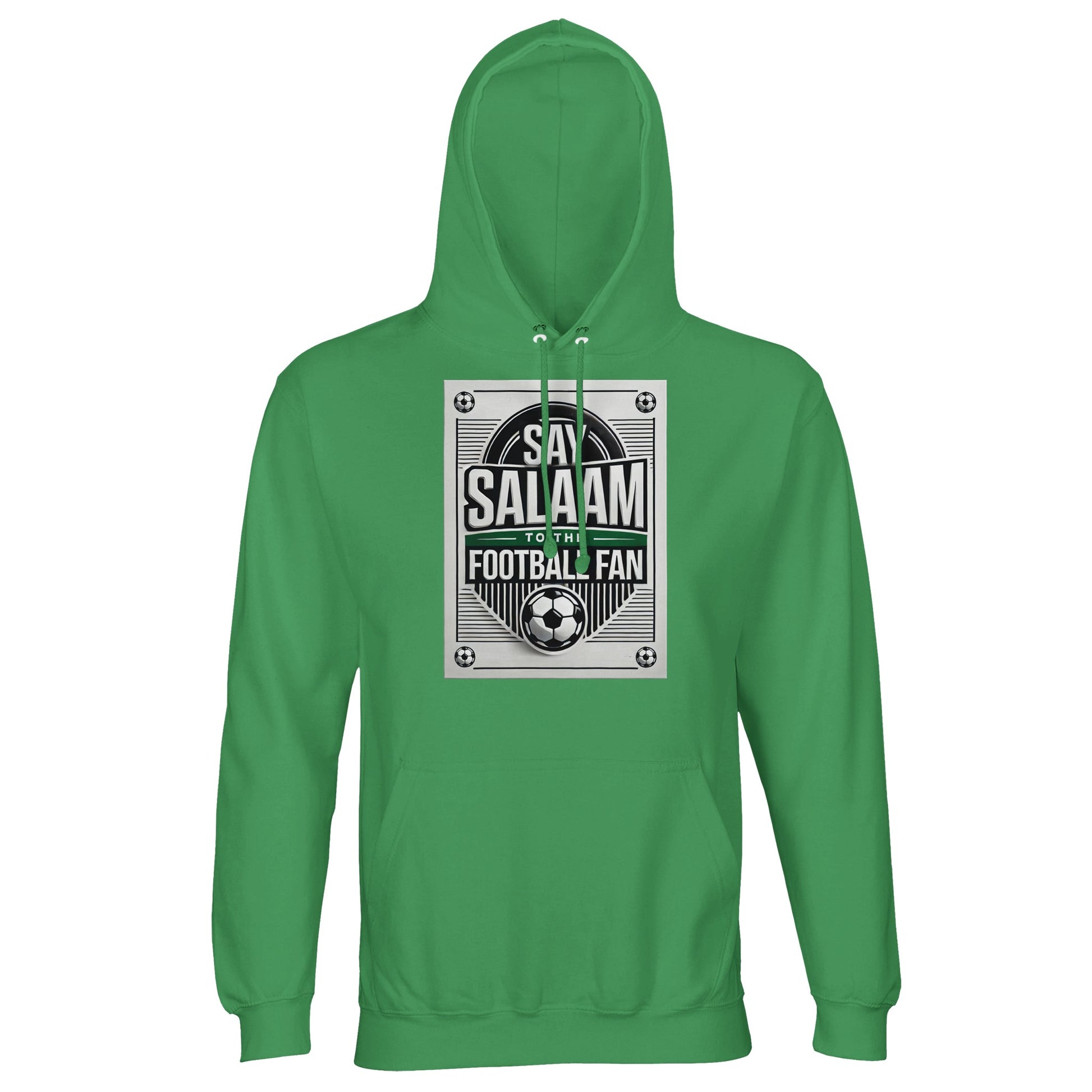 Spring Green / Sea Green / Eucalyptus Say Salaam to the Football Fan Design #3 unisex hoodie featuring a bold monochrome football poster-style print with stacked Salaam lettering and classic ball graphics. The fresh green tone adds energy to the design while keeping it wearable and versatile. Made from an affordable cotton and recycled polyester blend with brushed fleece lining, this hoodie offers warmth, durability, and strong value for money. A practical everyday piece for Muslim football supporters.