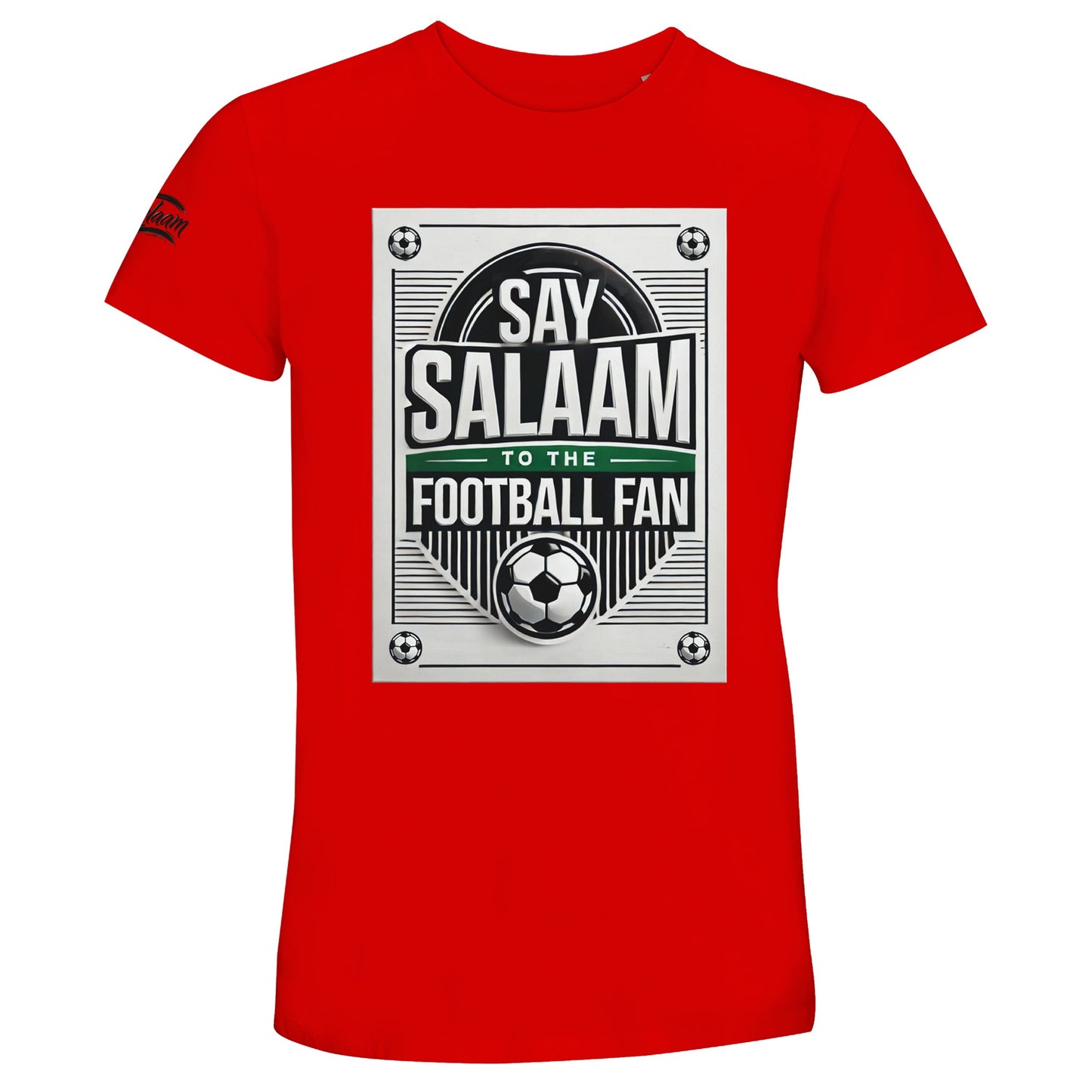 Bright Red / Rosso Corsa Say Salaam to the Football Fan Design #3 unisex t-shirt featuring a vivid red tone that energises the framed football graphic, bold poster-style typography, central football symbol, and Islamic greeting. Constructed from a 50% recycled cotton blend, it balances comfort and affordability. Ideal for Muslim clothing wardrobes and modest apparel that confidently connects football fandom with Islamic identity and expressive everyday wear.