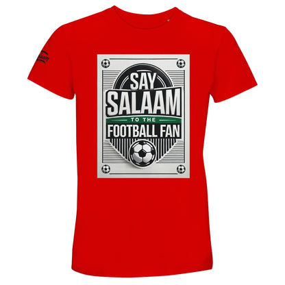 Bright Red / Rosso Corsa Say Salaam to the Football Fan Design #3 unisex t-shirt featuring a vivid red tone that energises the framed football graphic, bold poster-style typography, central football symbol, and Islamic greeting. Constructed from a 50% recycled cotton blend, it balances comfort and affordability. Ideal for Muslim clothing wardrobes and modest apparel that confidently connects football fandom with Islamic identity and expressive everyday wear.