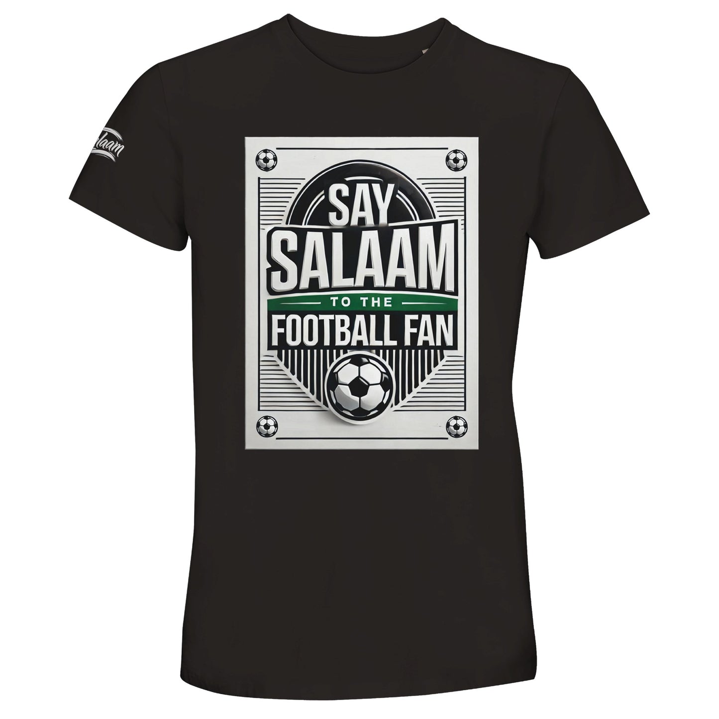 Deep Black / Zeus Say Salaam to the Football Fan Design #3 unisex t-shirt presenting a bold dark base that gives strong contrast to the framed football graphic, vintage badge layout, central ball motif, and Salaam lettering. Made using 50% recycled cotton, this affordable t-shirt balances durability and comfort. A staple Muslim clothing piece within modest wear and Islamic shop fashion, ideal for daily wear, match viewing, football gifts, and understated supporter style.