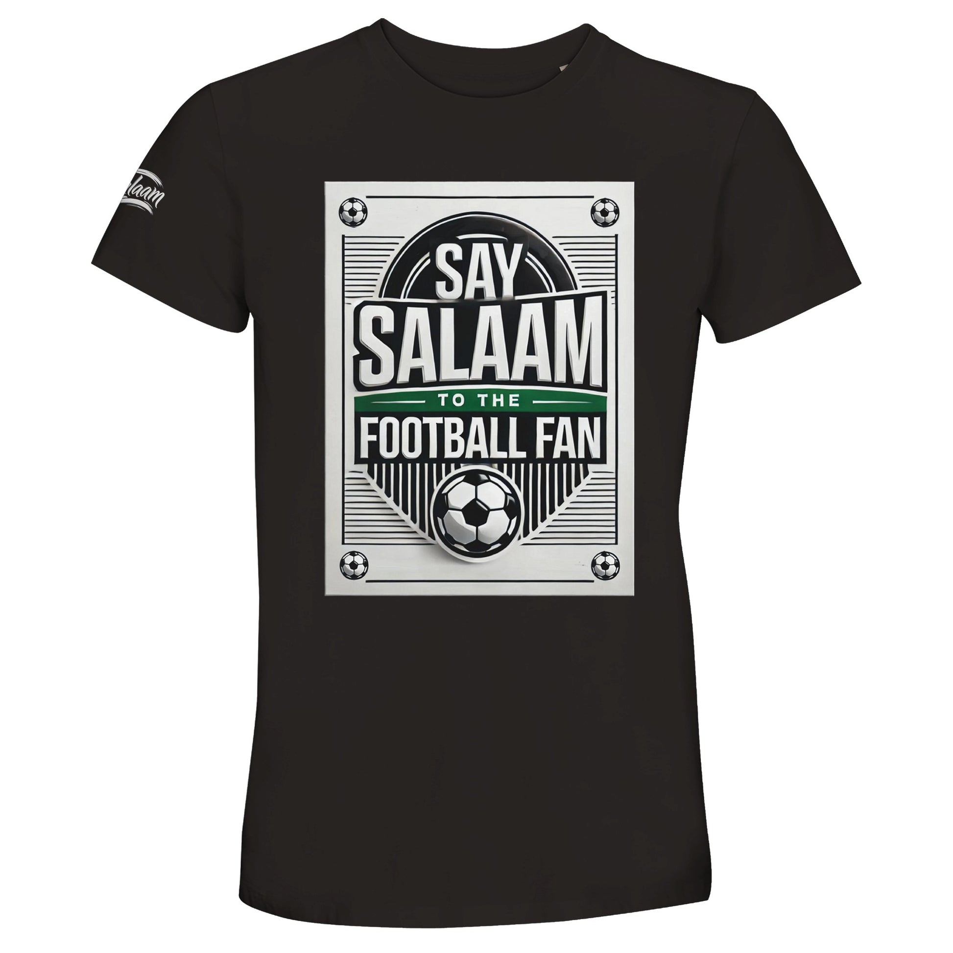Deep Black / Zeus Say Salaam to the Football Fan Design #3 unisex t-shirt presenting a bold dark base that gives strong contrast to the framed football graphic, vintage badge layout, central ball motif, and Salaam lettering. Made using 50% recycled cotton, this affordable t-shirt balances durability and comfort. A staple Muslim clothing piece within modest wear and Islamic shop fashion, ideal for daily wear, match viewing, football gifts, and understated supporter style.