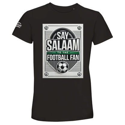 Deep Black / Zeus Say Salaam to the Football Fan Design #3 unisex t-shirt presenting a bold dark base that gives strong contrast to the framed football graphic, vintage badge layout, central ball motif, and Salaam lettering. Made using 50% recycled cotton, this affordable t-shirt balances durability and comfort. A staple Muslim clothing piece within modest wear and Islamic shop fashion, ideal for daily wear, match viewing, football gifts, and understated supporter style.