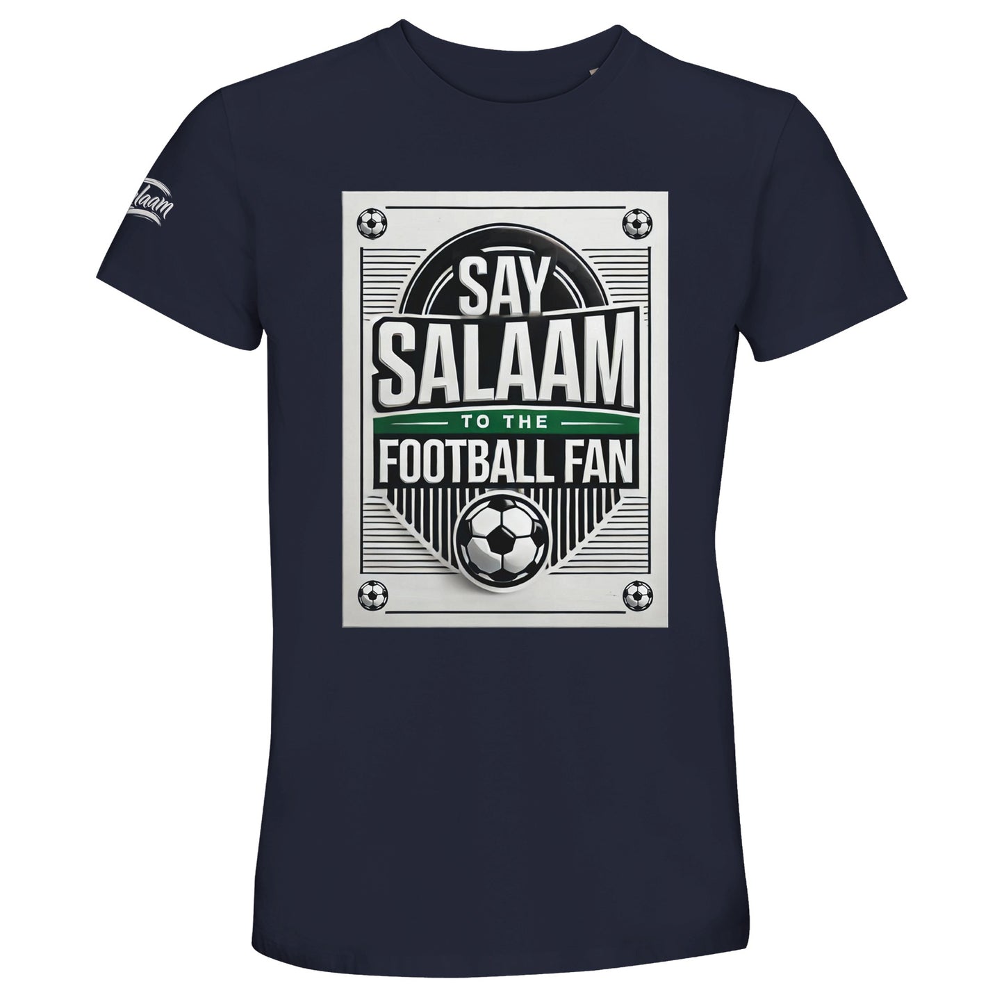 French Navy / Ebony Clay Say Salaam to the Football Fan Design #3 unisex t-shirt featuring a deep navy tone that enhances the classic football emblem design, bordered poster frame, structured typography, and Islamic greeting layout. Produced from a 50% recycled cotton blend, it offers a comfortable fit at a good price point. A reliable option for modest apparel and Muslim clothing, suited to football supporters, casual outfits, and everyday Islamic wear with heritage-inspired design.