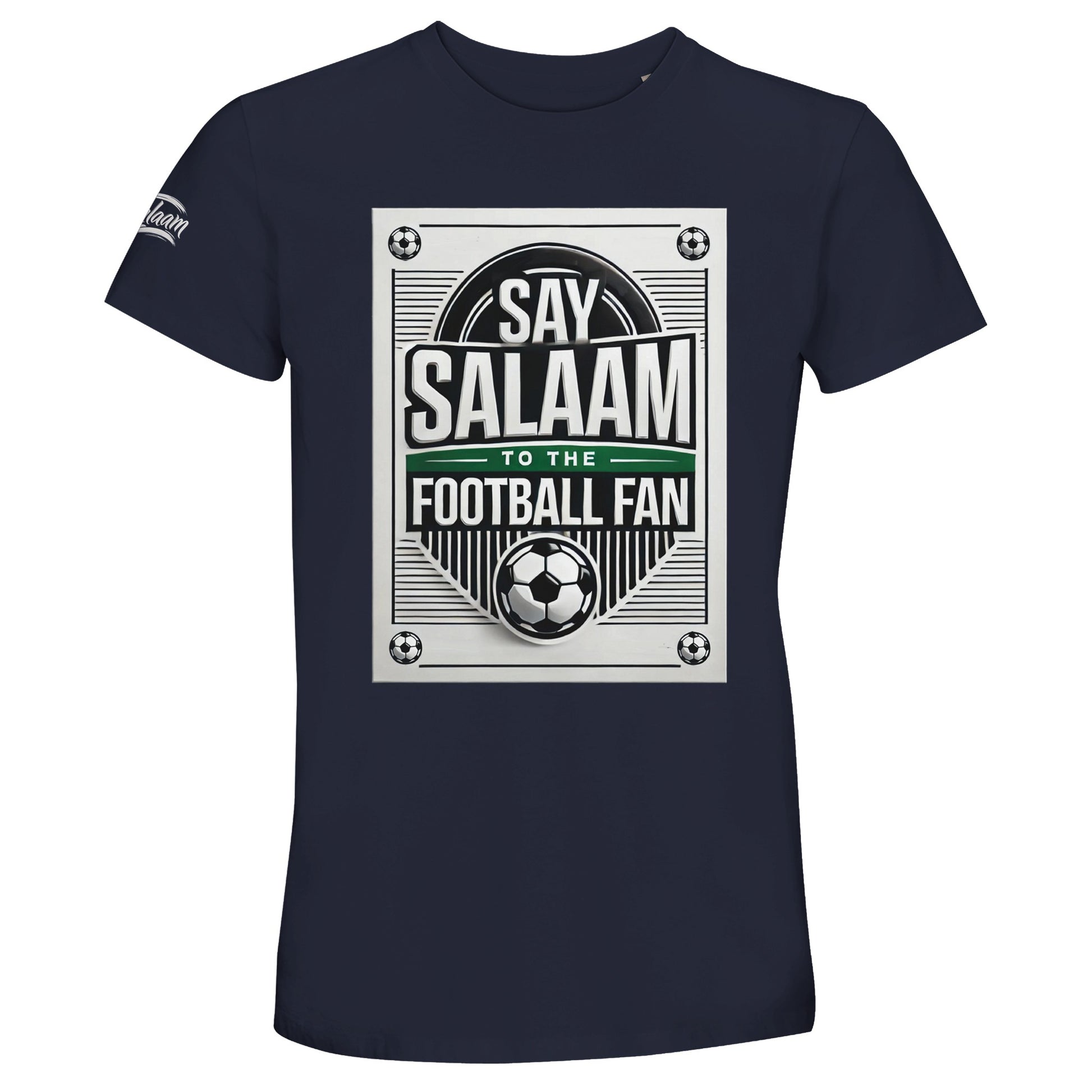 French Navy / Ebony Clay Say Salaam to the Football Fan Design #3 unisex t-shirt featuring a deep navy tone that enhances the classic football emblem design, bordered poster frame, structured typography, and Islamic greeting layout. Produced from a 50% recycled cotton blend, it offers a comfortable fit at a good price point. A reliable option for modest apparel and Muslim clothing, suited to football supporters, casual outfits, and everyday Islamic wear with heritage-inspired design.