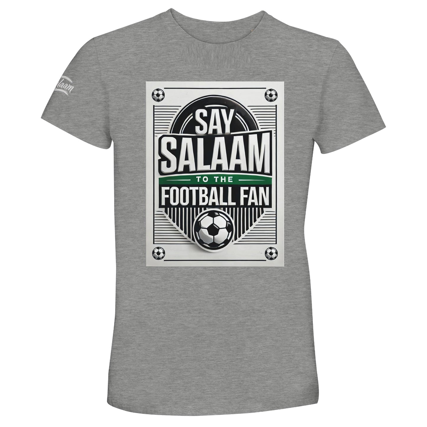 Grey Melange / Heather Grey / Marl Grey / Classic Athletic Grey Blend Say Salaam to the Football Fan Design #3 unisex t-shirt offering a textured grey base that suits the vintage football poster-style print, framed badge layout, strong line work, and Salaam lettering. Made from 50% recycled cotton, it provides a soft feel and excellent value. A go-to piece for Muslim clothing and modest wear collections within an Islamic shop context and everyday football-inspired outfits.