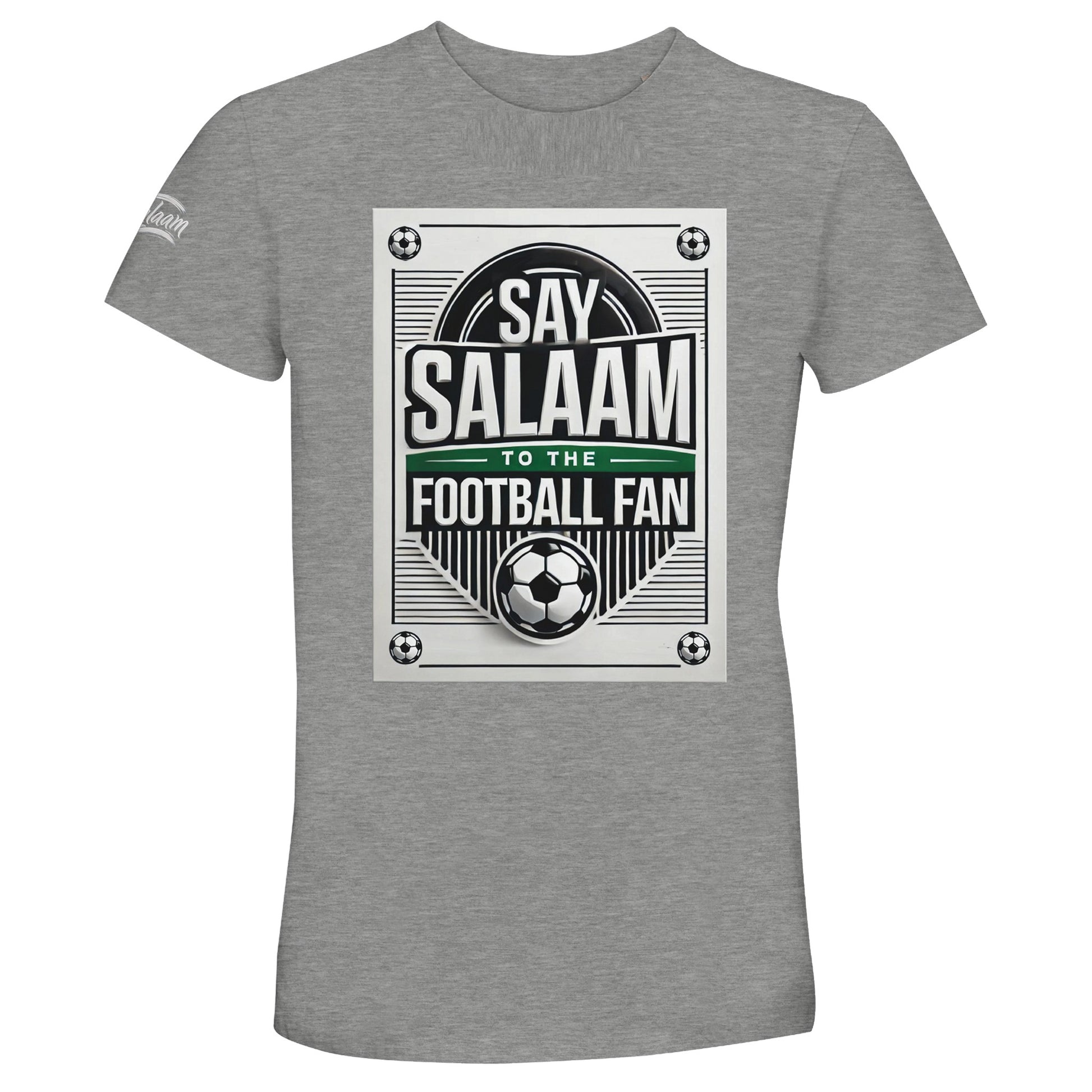 Grey Melange / Heather Grey / Marl Grey / Classic Athletic Grey Blend Say Salaam to the Football Fan Design #3 unisex t-shirt offering a textured grey base that suits the vintage football poster-style print, framed badge layout, strong line work, and Salaam lettering. Made from 50% recycled cotton, it provides a soft feel and excellent value. A go-to piece for Muslim clothing and modest wear collections within an Islamic shop context and everyday football-inspired outfits.