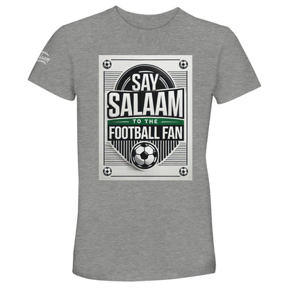 Grey Melange / Heather Grey / Marl Grey / Classic Athletic Grey Blend Say Salaam to the Football Fan Design #3 unisex t-shirt offering a textured grey base that suits the vintage football poster-style print, framed badge layout, strong line work, and Salaam lettering. Made from 50% recycled cotton, it provides a soft feel and excellent value. A go-to piece for Muslim clothing and modest wear collections within an Islamic shop context and everyday football-inspired outfits.