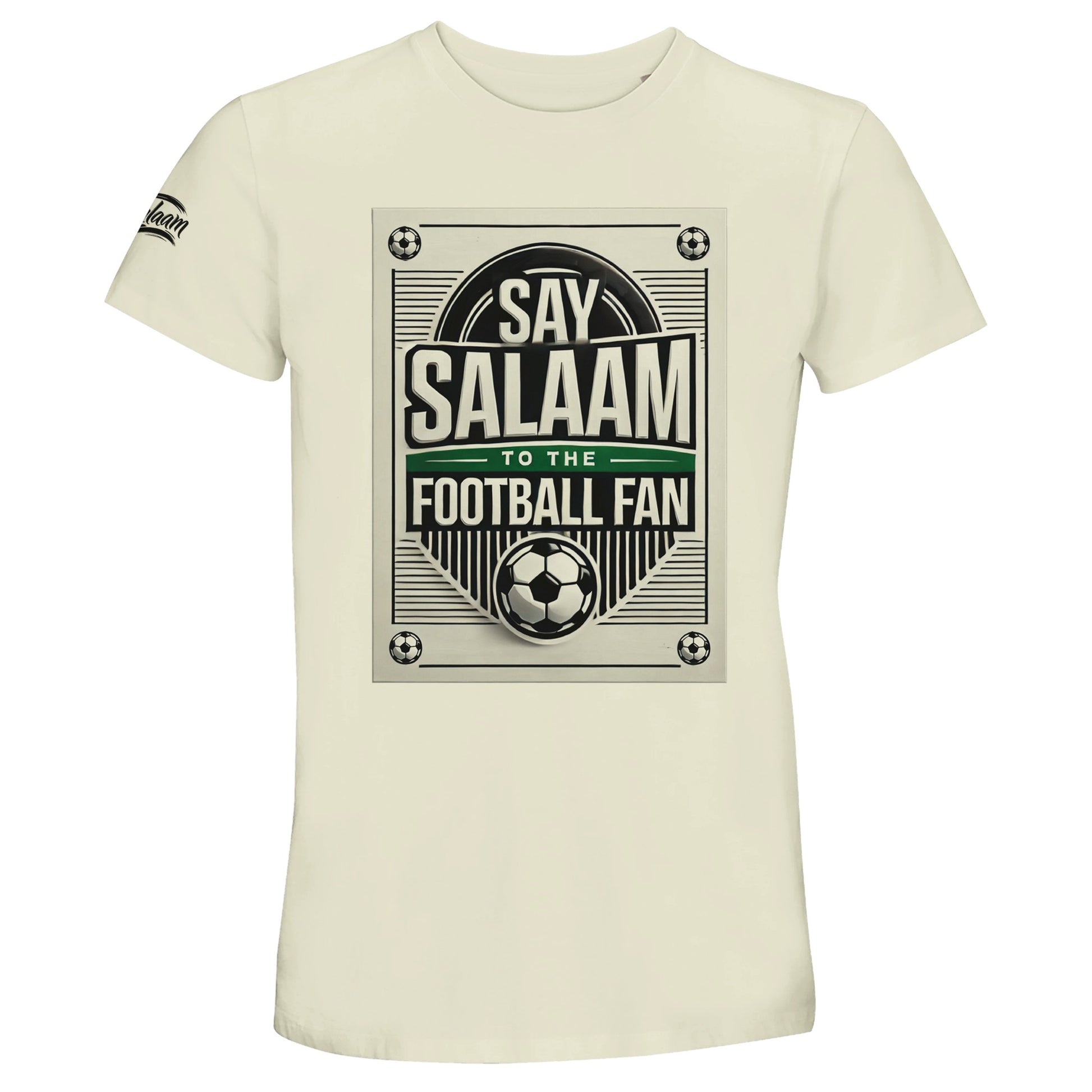 Natural / Moon Mist / Satin Linen / Beige Say Salaam to the Football Fan Design #3 unisex t-shirt with a soft neutral tone that complements the retro football poster-style print, bordered frame, balanced typography, and Islamic Salaam text. Crafted from a 50% recycled cotton blend, it delivers breathable comfort and strong value for money. Ideal for modest apparel collections and clothes Muslims wear, suited to relaxed streetwear, football fans, everyday Islamic clothing, and affordable casual wardrobes.