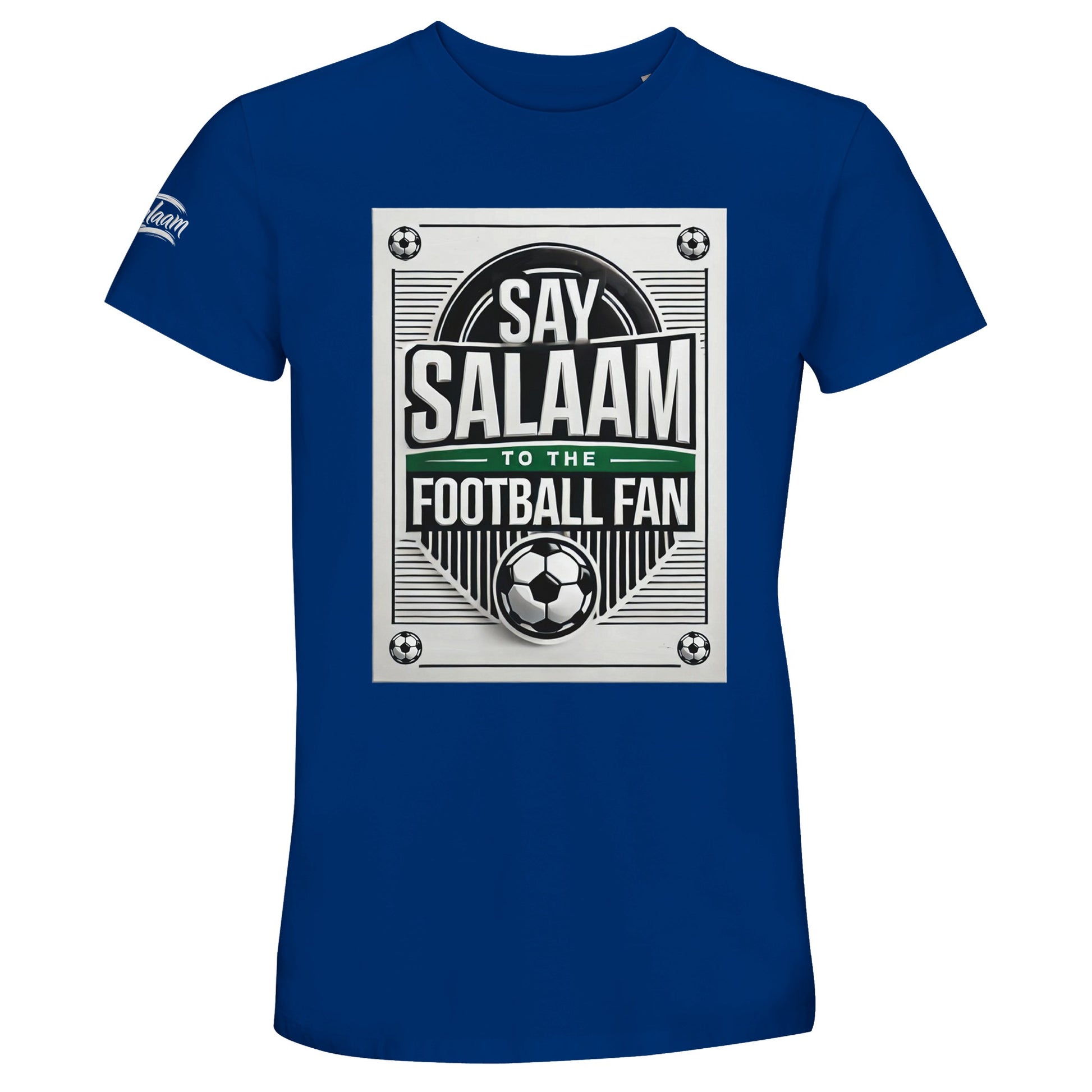 Royal Blue / Dark Midnight Blue Say Salaam to the Football Fan Design #3 unisex t-shirt showcasing a rich blue shade paired with a vintage football print, badge-style framing, bold lettering, and a centred football icon below the Salaam text. Made from 50% recycled cotton, this short-sleeve tee provides softness, durability, and strong value. Designed for fans seeking modest wear and Islamic shop clothing that blends football passion with everyday Muslim style and comfort.