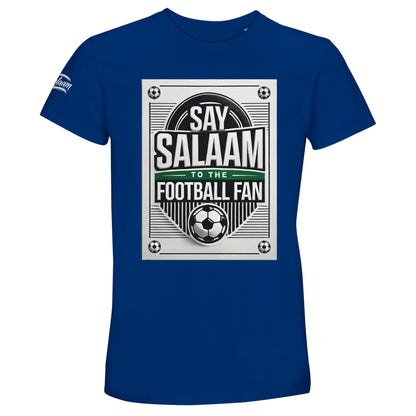 Royal Blue / Dark Midnight Blue Say Salaam to the Football Fan Design #3 unisex t-shirt showcasing a rich blue shade paired with a vintage football print, badge-style framing, bold lettering, and a centred football icon below the Salaam text. Made from 50% recycled cotton, this short-sleeve tee provides softness, durability, and strong value. Designed for fans seeking modest wear and Islamic shop clothing that blends football passion with everyday Muslim style and comfort.