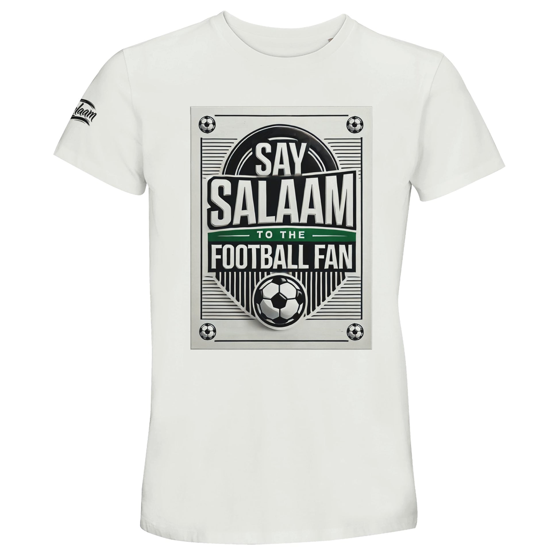 White / Platinum Say Salaam to the Football Fan Design #3 unisex t-shirt featuring a clean white base that sharply highlights the vintage football badge-style print, symmetrical framed layout, classic typography, and central football icon beneath the Salaam message. Made from recycled cotton, this short-sleeve tee offers everyday comfort at a good price. A versatile piece within Muslim clothing and modest wear, suitable for casual outfits, match days, gifting football fans, and everyday Islamic apparel.
