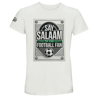 White / Platinum Say Salaam to the Football Fan Design #3 unisex t-shirt featuring a clean white base that sharply highlights the vintage football badge-style print, symmetrical framed layout, classic typography, and central football icon beneath the Salaam message. Made from recycled cotton, this short-sleeve tee offers everyday comfort at a good price. A versatile piece within Muslim clothing and modest wear, suitable for casual outfits, match days, gifting football fans, and everyday Islamic apparel.