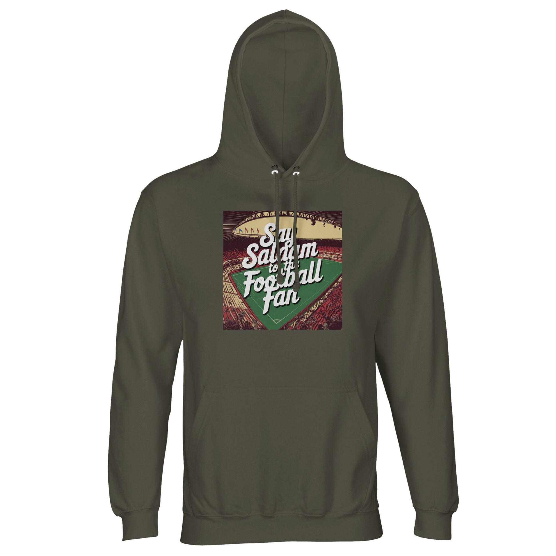 Army / Fuscous Grey Say Salaam to the Football Fan Design #4 dark hoodie leans into utilitarian tones that feel grounded and timeless in Islamic culture. The deep green-grey shade works well with casual outfits while keeping the design sharp, practical, and understated. Built from a cotton and recycled polyester blend with a soft brushed interior, it’s suited to cooler weather, match nights, and everyday wear without fuss. A durable, versatile hoodie with subtle colour, comfort, and supporter character.