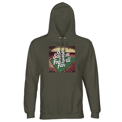 Army / Fuscous Grey Say Salaam to the Football Fan Design #4 dark hoodie leans into utilitarian tones that feel grounded and timeless in Islamic culture. The deep green-grey shade works well with casual outfits while keeping the design sharp, practical, and understated. Built from a cotton and recycled polyester blend with a soft brushed interior, it’s suited to cooler weather, match nights, and everyday wear without fuss. A durable, versatile hoodie with subtle colour, comfort, and supporter character.