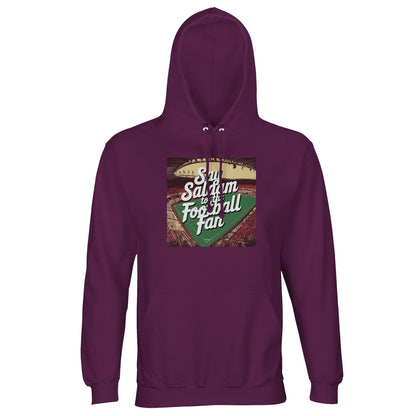 Astral Purple / Wine Berry / Reddish Magenta Say Salaam to the Football Fan Design #4 dark hoodie offers a distinctive colour option for supporters looking beyond the usual palette, Islamically speaking. The deep purple tones feel expressive without being overpowering or novelty-driven. With a soft brushed fleece interior and durable cotton-poly fabric, it’s built for warmth and long-term wear. A confident choice that still fits naturally into football-focused casual style and modern Muslim wardrobes.