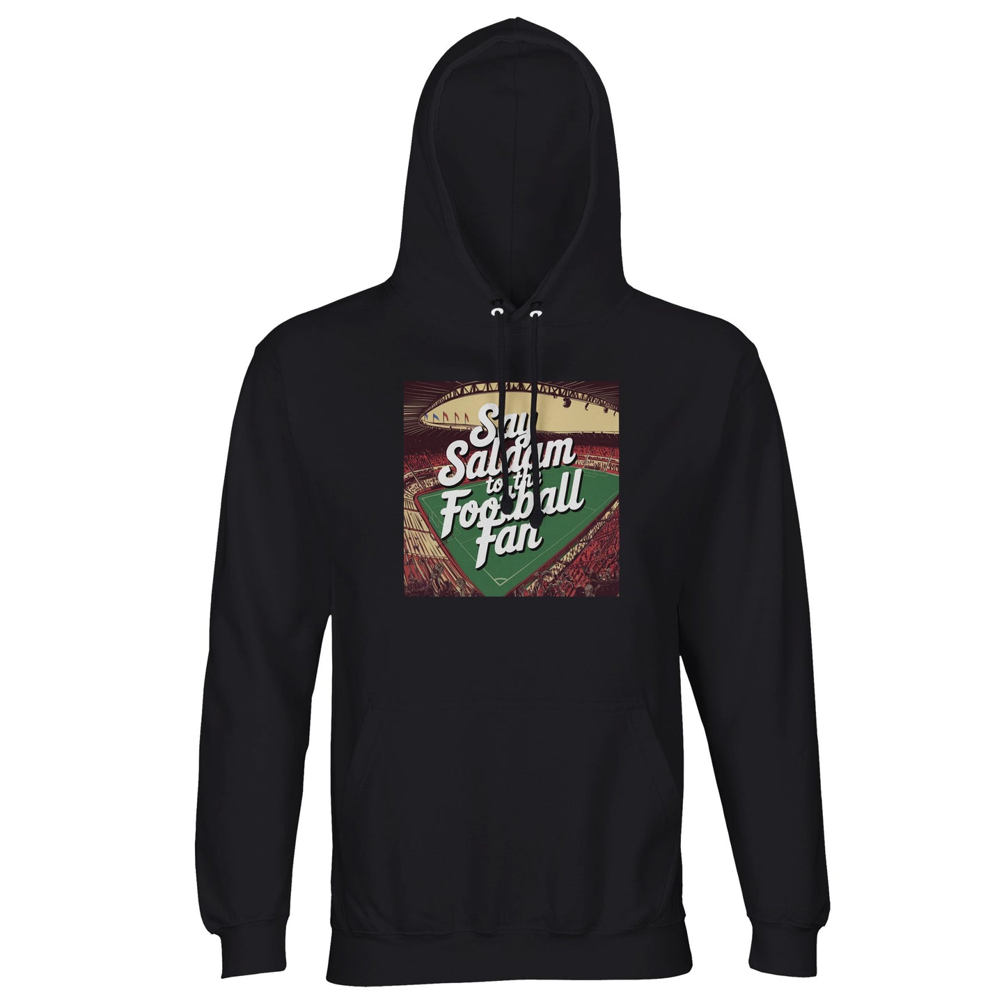Deep Black / Zeus Say Salaam to the Football Fan Design #4 dark hoodie keeps things sharp, simple, and versatile within Islamic aesthetics. The solid black finish lets the design speak clearly while pairing effortlessly with any outfit. Made from a cotton and recycled polyester blend with brushed fleece lining, it’s designed for warmth, durability, and frequent wear. A dependable staple for adult football fans who prefer a clean, understated look.