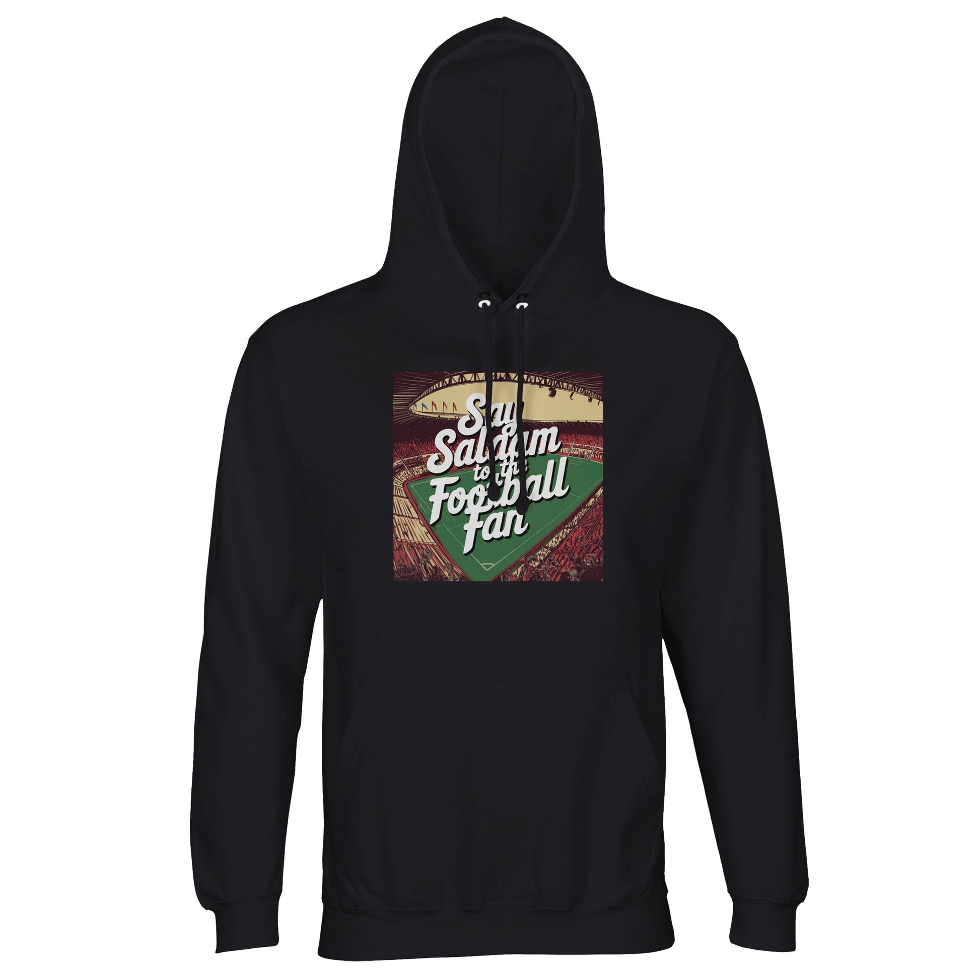 Deep Black / Zeus Say Salaam to the Football Fan Design #4 dark hoodie keeps things sharp, simple, and versatile within Islamic aesthetics. The solid black finish lets the design speak clearly while pairing effortlessly with any outfit. Made from a cotton and recycled polyester blend with brushed fleece lining, it’s designed for warmth, durability, and frequent wear. A dependable staple for adult football fans who prefer a clean, understated look.