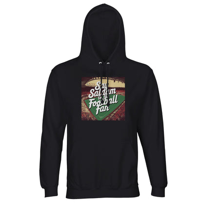 Deep Black / Zeus Say Salaam to the Football Fan Design #4 dark hoodie keeps things sharp, simple, and versatile within Islamic aesthetics. The solid black finish lets the design speak clearly while pairing effortlessly with any outfit. Made from a cotton and recycled polyester blend with brushed fleece lining, it’s designed for warmth, durability, and frequent wear. A dependable staple for adult football fans who prefer a clean, understated look.