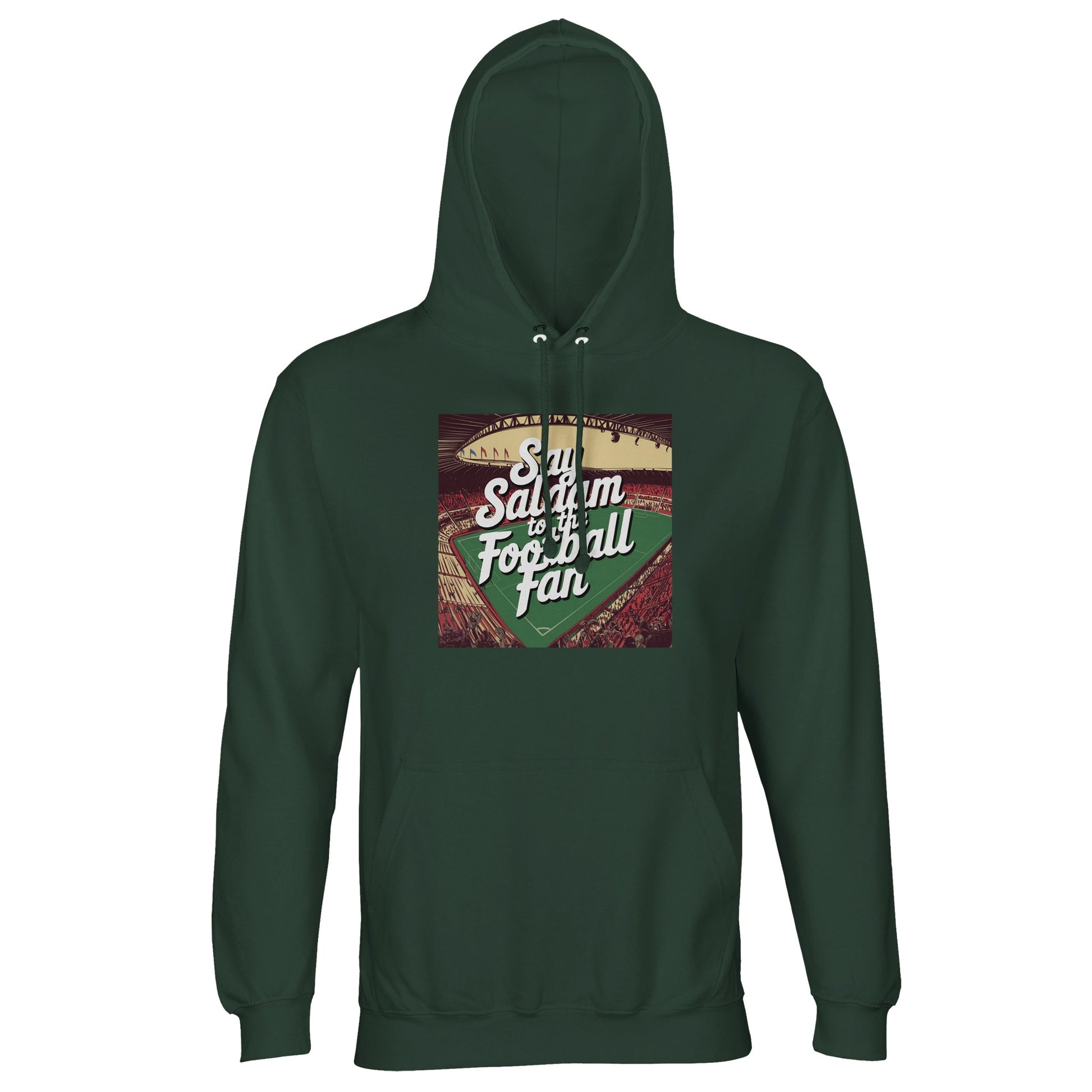 Bottle Green / Outer Space Say Salaam to the Football Fan Design #4 dark hoodie features a deep, rich green that feels classic and Muslim community confident. The darker tone adds weight and presence while keeping the overall look refined and wearable. Made from a cotton and recycled polyester blend with a warm brushed interior, it’s for comfort through long wear and cooler conditions. Ideal for match days, evening outings, or streetwear, this hoodie balances tradition, durability, and Islamic style.