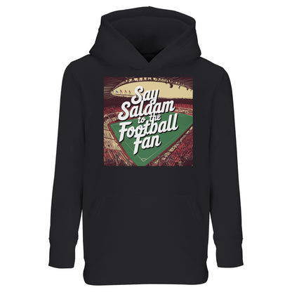Black Say Salaam to the Football Fan Design #4 kids hoodie featuring a retro football graphic with bold Salaam lettering at the centre. Colour reference includes Deep Black / Zeus tones, giving the hoodie a strong, grounded look that enhances the printed design. Made from a cotton and recycled polyester blend with brushed fleece lining, it offers warmth, softness, and durability. Designed for young football supporters growing up around Muslim Islamic values, suitable for everyday wear, school, + matchdays.