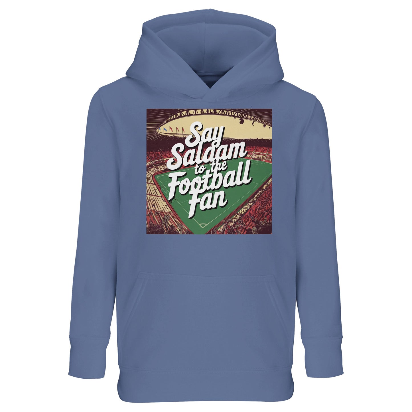 Blue Say Salaam to the Football Fan Design #4 kids hoodie displaying a vintage football-inspired print with expressive Salaam typography. The blue shade references Blue / Marble Blue / Blue-Grey / Waikawa Grey tones, creating a balanced and versatile look. Crafted from a cotton and recycled polyester blend with brushed fleece interior, this cheap hoodie delivers comfort and warmth. Ideal for young football fans shaped by Muslim and Islamic culture and everyday active wear.