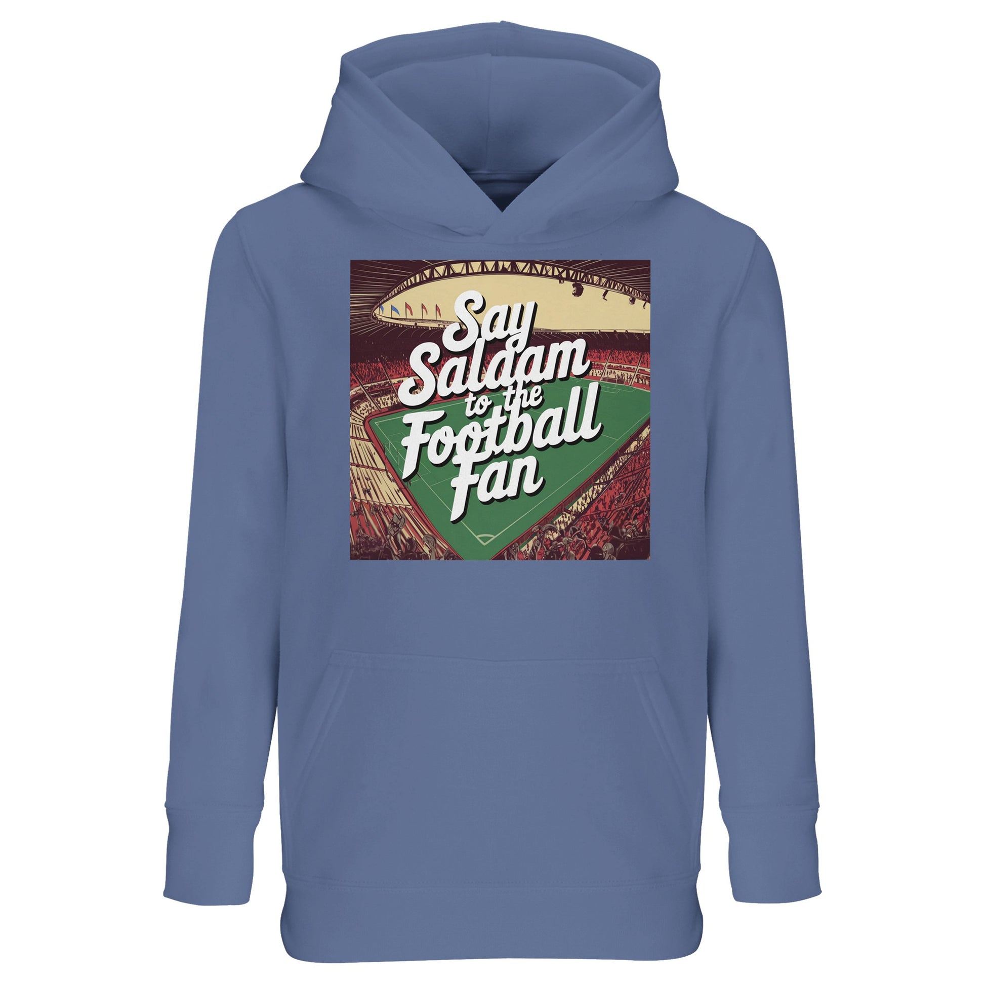 Blue Say Salaam to the Football Fan Design #4 kids hoodie displaying a vintage football-inspired print with expressive Salaam typography. The blue shade references Blue / Marble Blue / Blue-Grey / Waikawa Grey tones, creating a balanced and versatile look. Crafted from a cotton and recycled polyester blend with brushed fleece interior, this cheap hoodie delivers comfort and warmth. Ideal for young football fans shaped by Muslim and Islamic culture and everyday active wear.