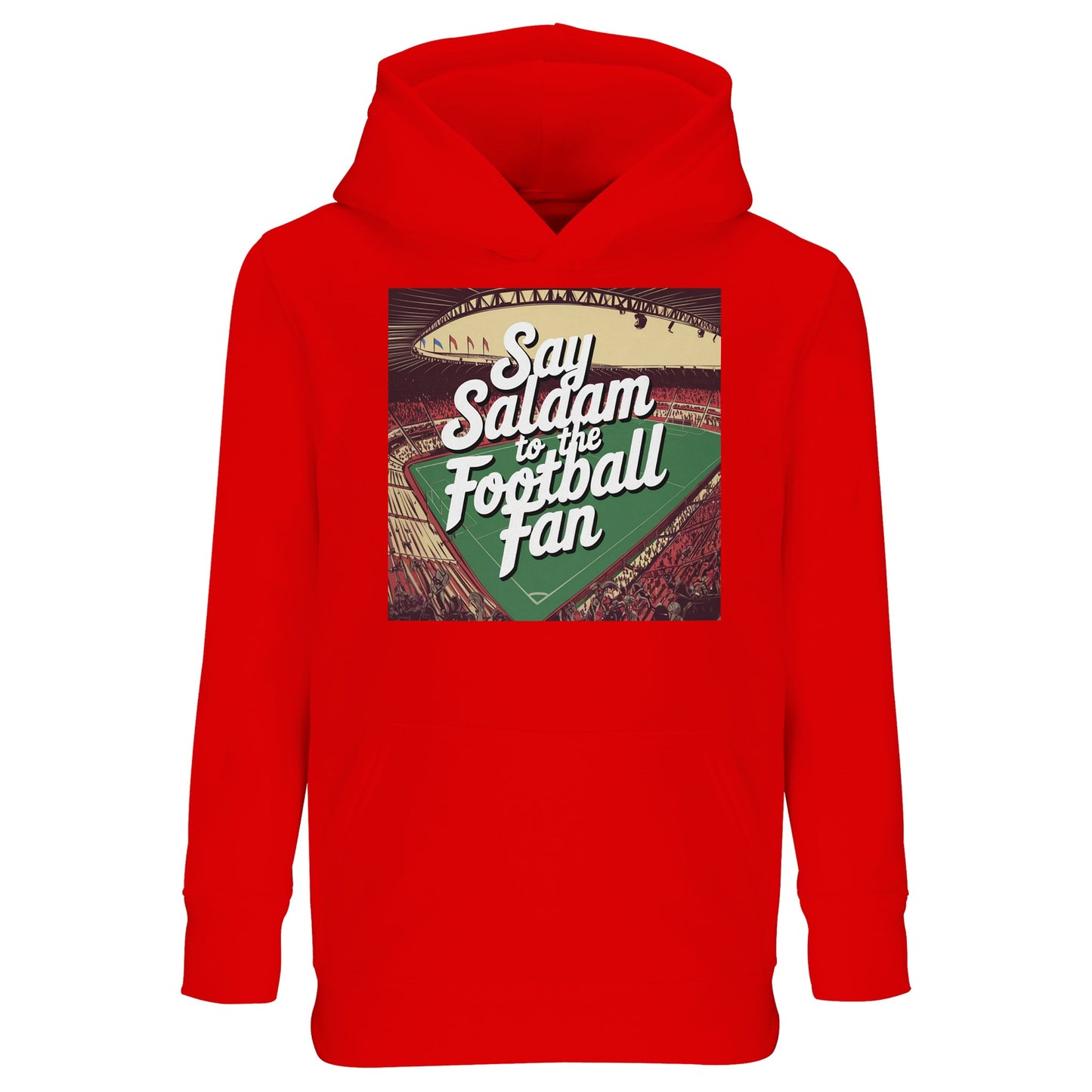 Bright Red Say Salaam to the Football Fan Design #4 kids hoodie combining a vivid base colour with a classic football graphic and Islamic greeting text. Colour references include Bright Red / Rosso Corsa, giving the garment energy and visual impact. Made from a cotton and recycled polyester blend with brushed fleece lining, it balances durability and comfort for regular use. Designed for young football supporters in Muslim households where sport and faith coexist naturally.