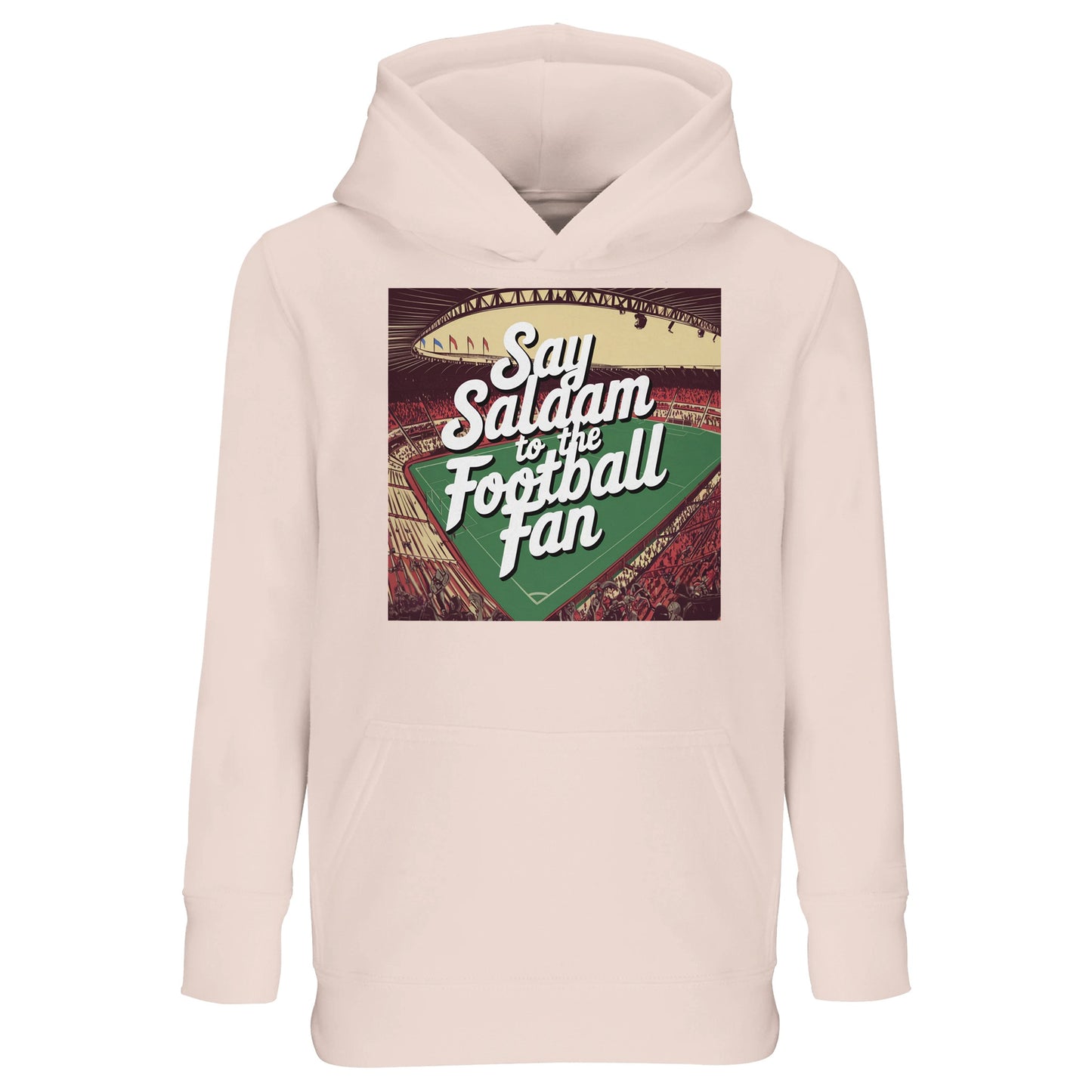 Creamy Pink / Oyster Pink Say Salaam to the Football Fan Design #4 kids hoodie combining a soft pastel tone with a bold football graphic and Islamic greeting text. The muted pink shade offers a gentle alternative to darker colours while keeping the design expressive and visible. Crafted from a cotton and recycled polyester blend with brushed fleece lining, it delivers warmth and durability. Designed for young soccer fans who enjoy lighter colours while connecting sport with Muslim and Islamic identity.