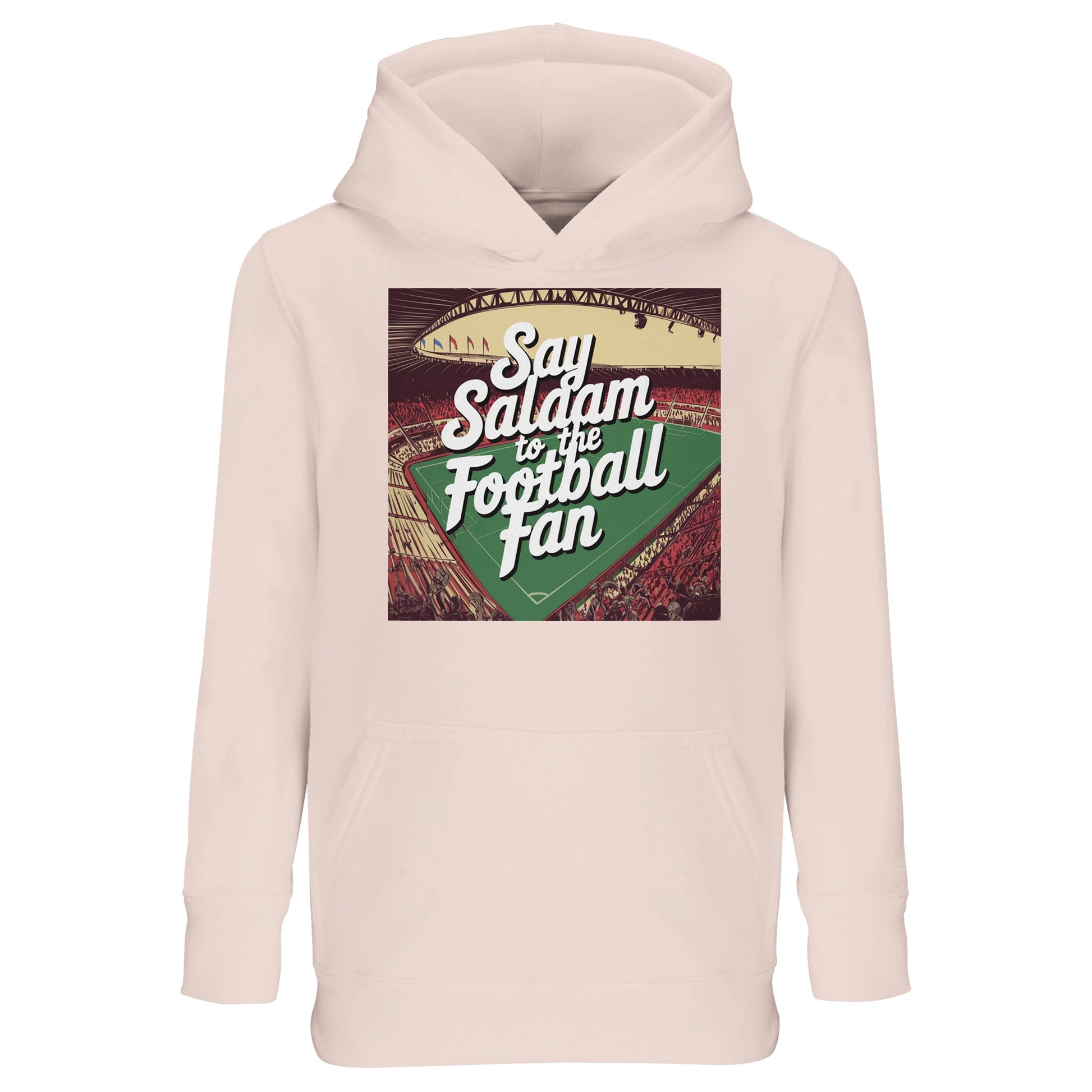 Creamy Pink / Oyster Pink Say Salaam to the Football Fan Design #4 kids hoodie combining a soft pastel tone with a bold football graphic and Islamic greeting text. The muted pink shade offers a gentle alternative to darker colours while keeping the design expressive and visible. Crafted from a cotton and recycled polyester blend with brushed fleece lining, it delivers warmth and durability. Designed for young soccer fans who enjoy lighter colours while connecting sport with Muslim and Islamic identity.